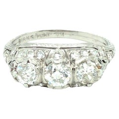Antique Art Deco 1.20 Cttw, Three Stone Diamond Platinum Ring Signed Birks