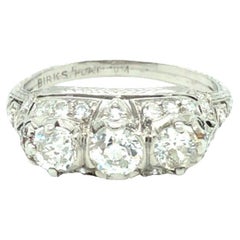Art Deco 1.30 Cttw, Three Stone Diamond Platinum Ring Signed Birks