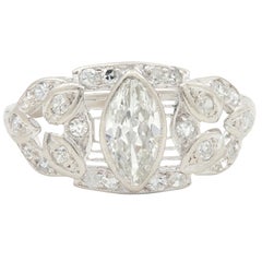 Art Deco 1.20 CTW Marquise Cut Diamond Platinum Foliate Antique Engagement Ring