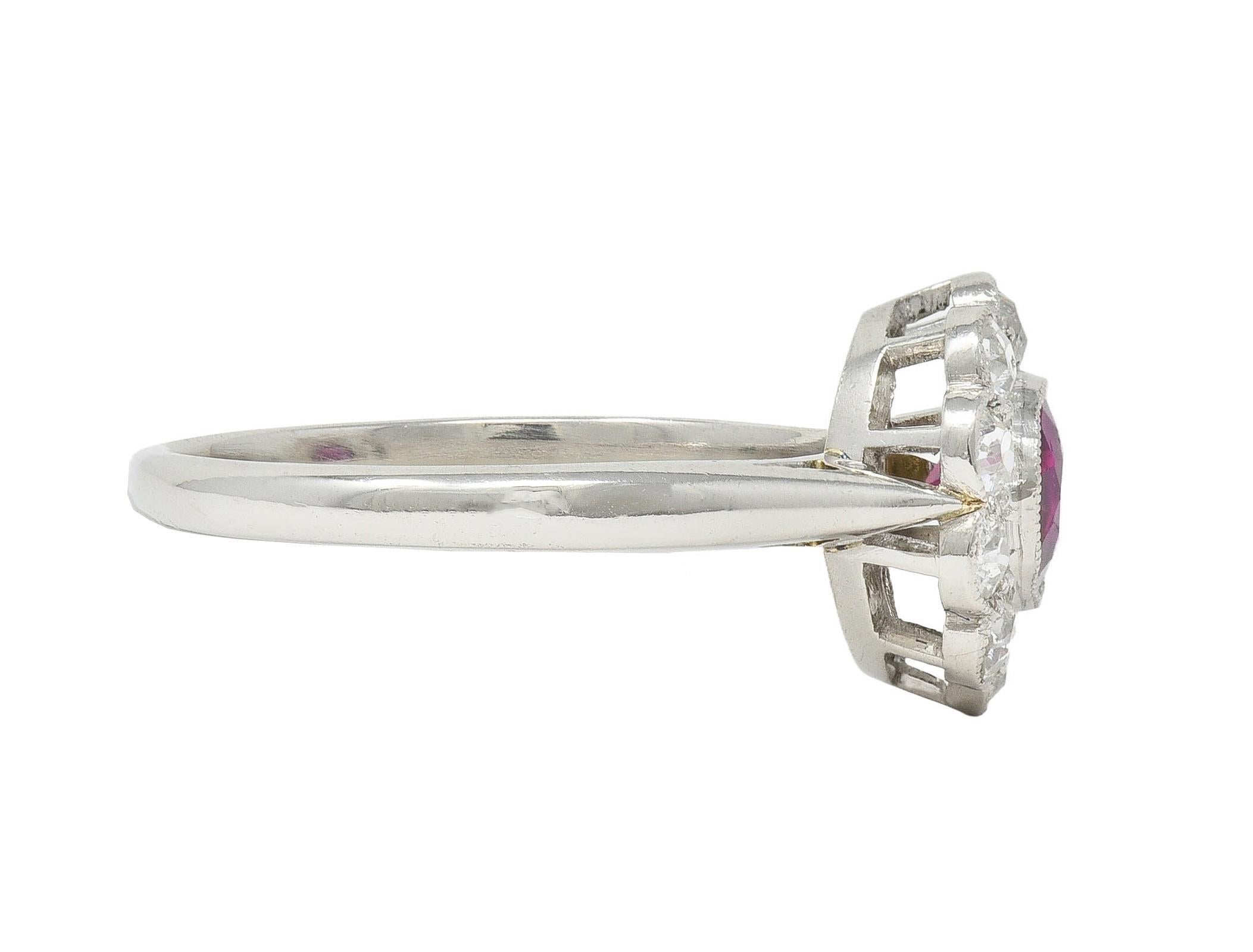 Art Deco 1.20 CTW No Heat Ruby Diamond Platinum Vintage Halo Ring GIA In Excellent Condition In Philadelphia, PA