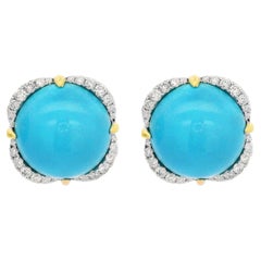 Art Deco 12.07Ct Sleeping Beauty Turquoise Diamond Earrings in 14K Solid Gold