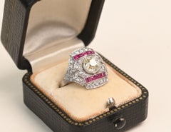 Art Deco 1.20ct Old European Yellow Diamond Ring. Ruby Accent Platinum Ring VS1