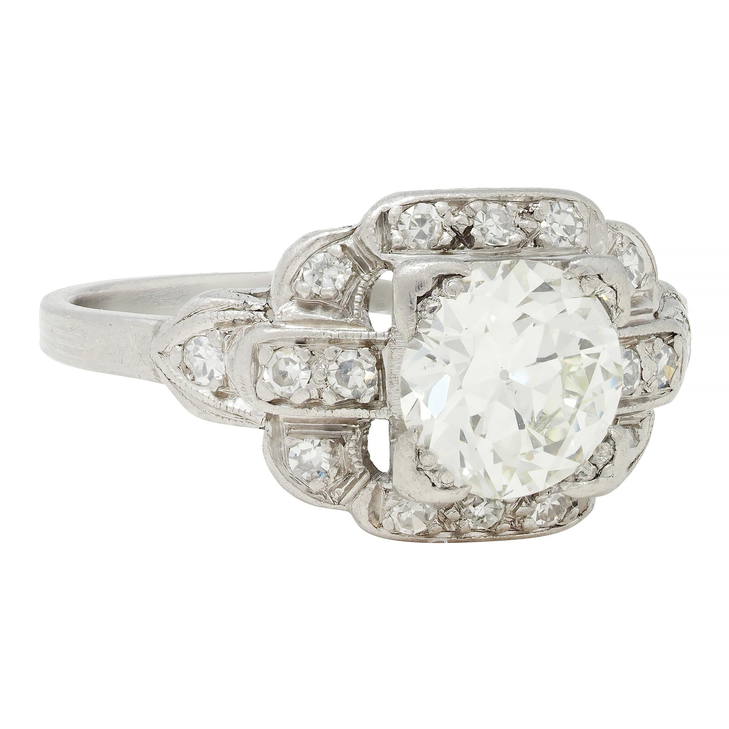 Old European Cut Art Deco 1.21 CTW Diamond Platinum Stepped Buckle Vintage Engagement Ring For Sale