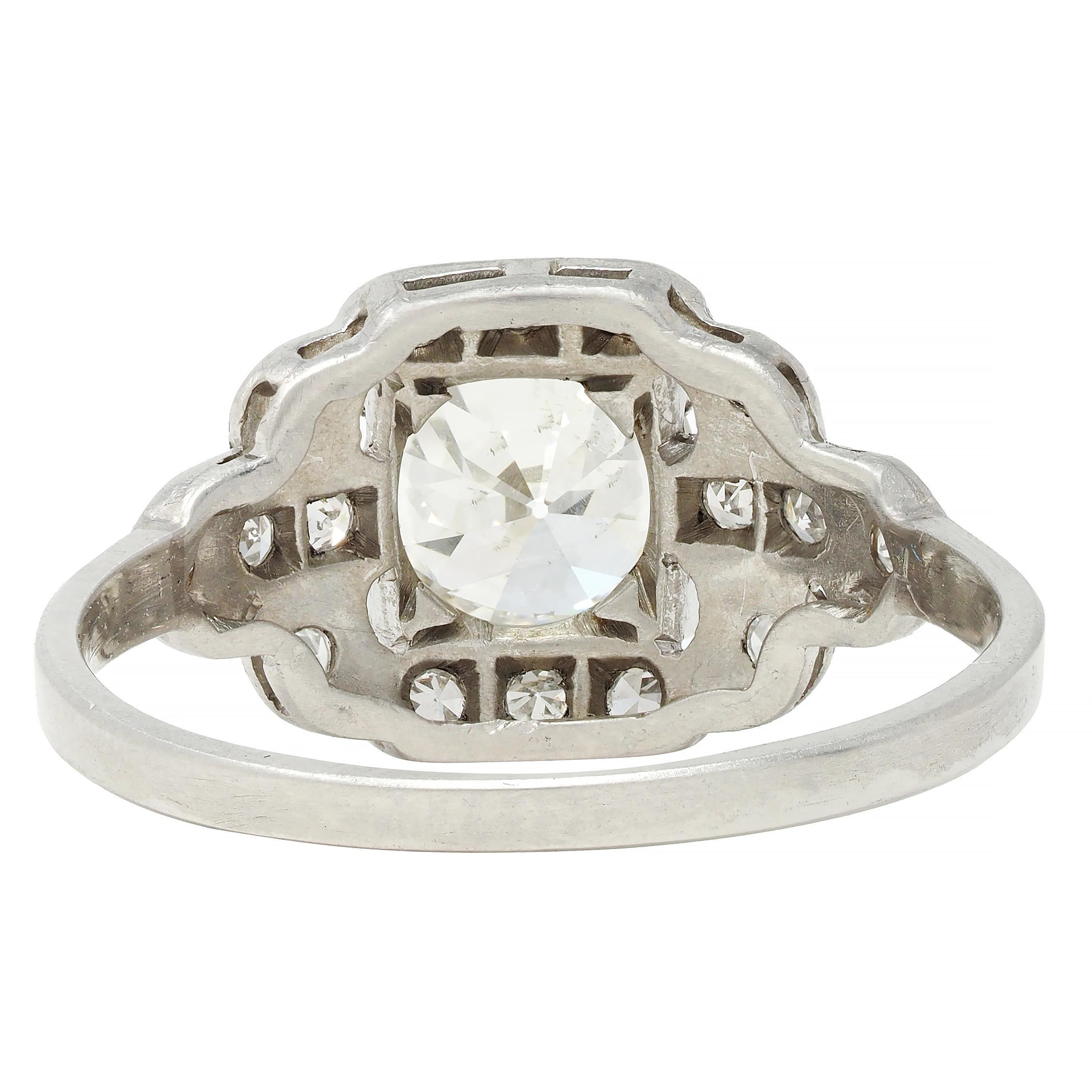 Women's or Men's Art Deco 1.21 CTW Diamond Platinum Stepped Buckle Vintage Engagement Ring For Sale