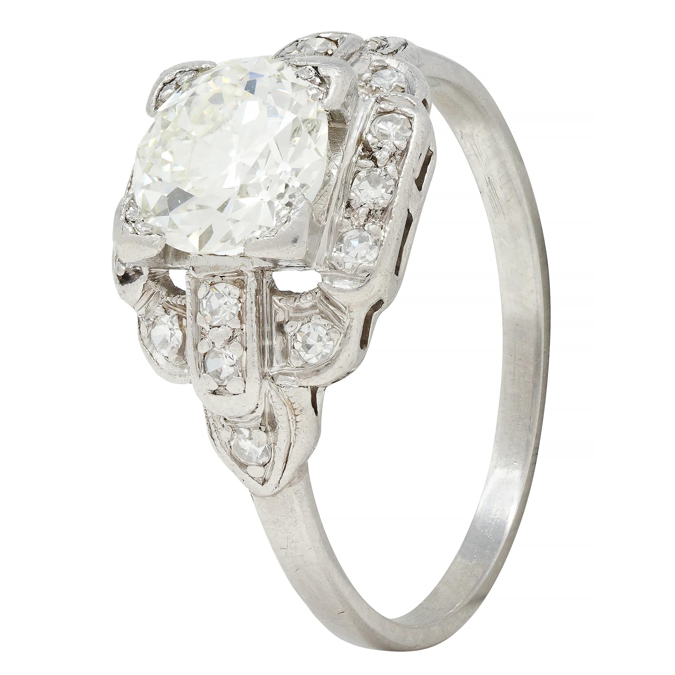 Art Deco 1.21 CTW Diamond Platinum Stepped Buckle Vintage Engagement Ring For Sale 3