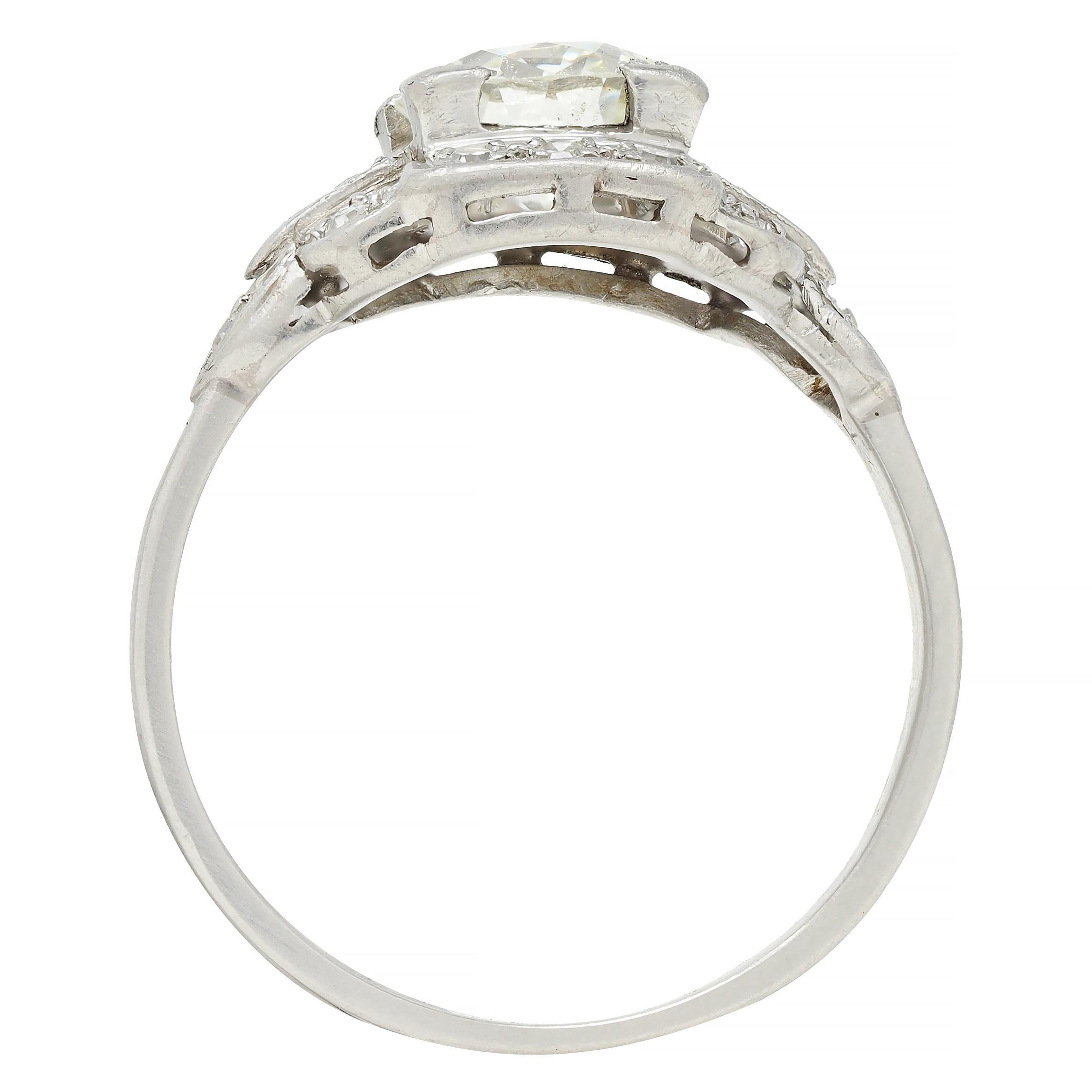 Art Deco 1.21 CTW Diamond Platinum Stepped Buckle Vintage Engagement Ring For Sale 4