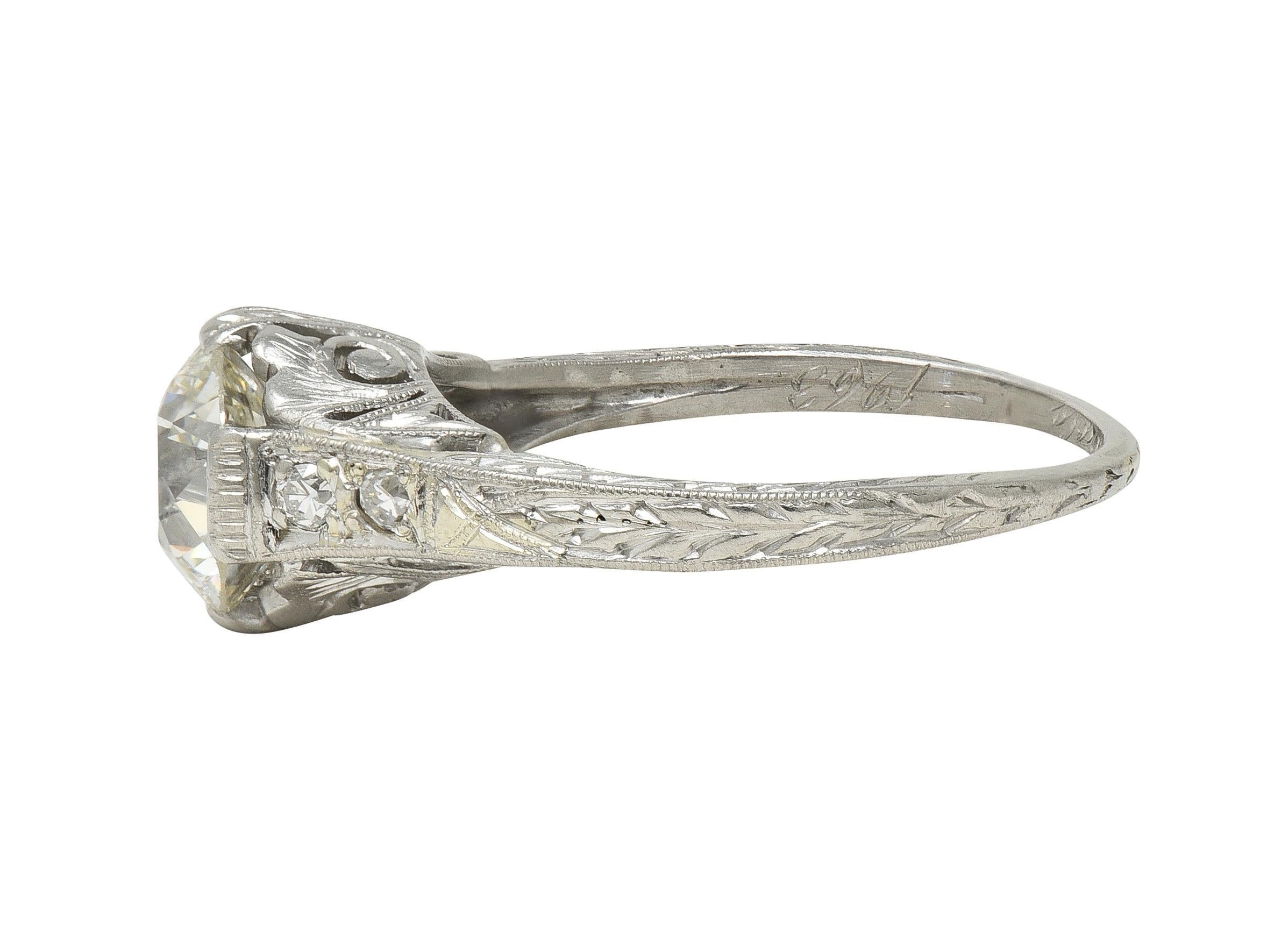 Art Deco 1.21 Old European Diamond Platinum Vintage Scrolling Engagement Ring Excellent état - En vente à Philadelphia, PA