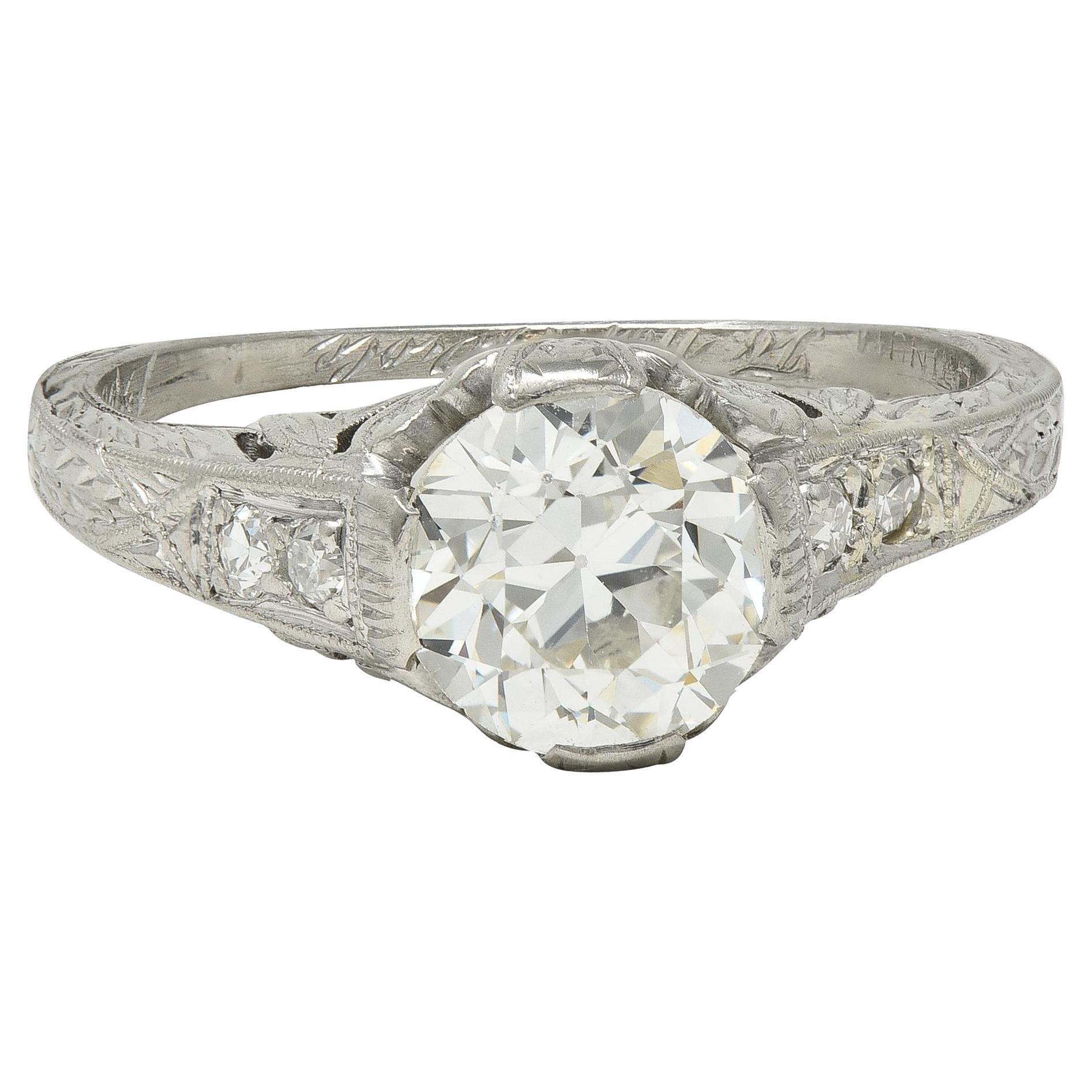 Anello di fidanzamento Art of Vintage in platino con diamante europeo antico da 1,21, a scorrimento, in stile Art Deco