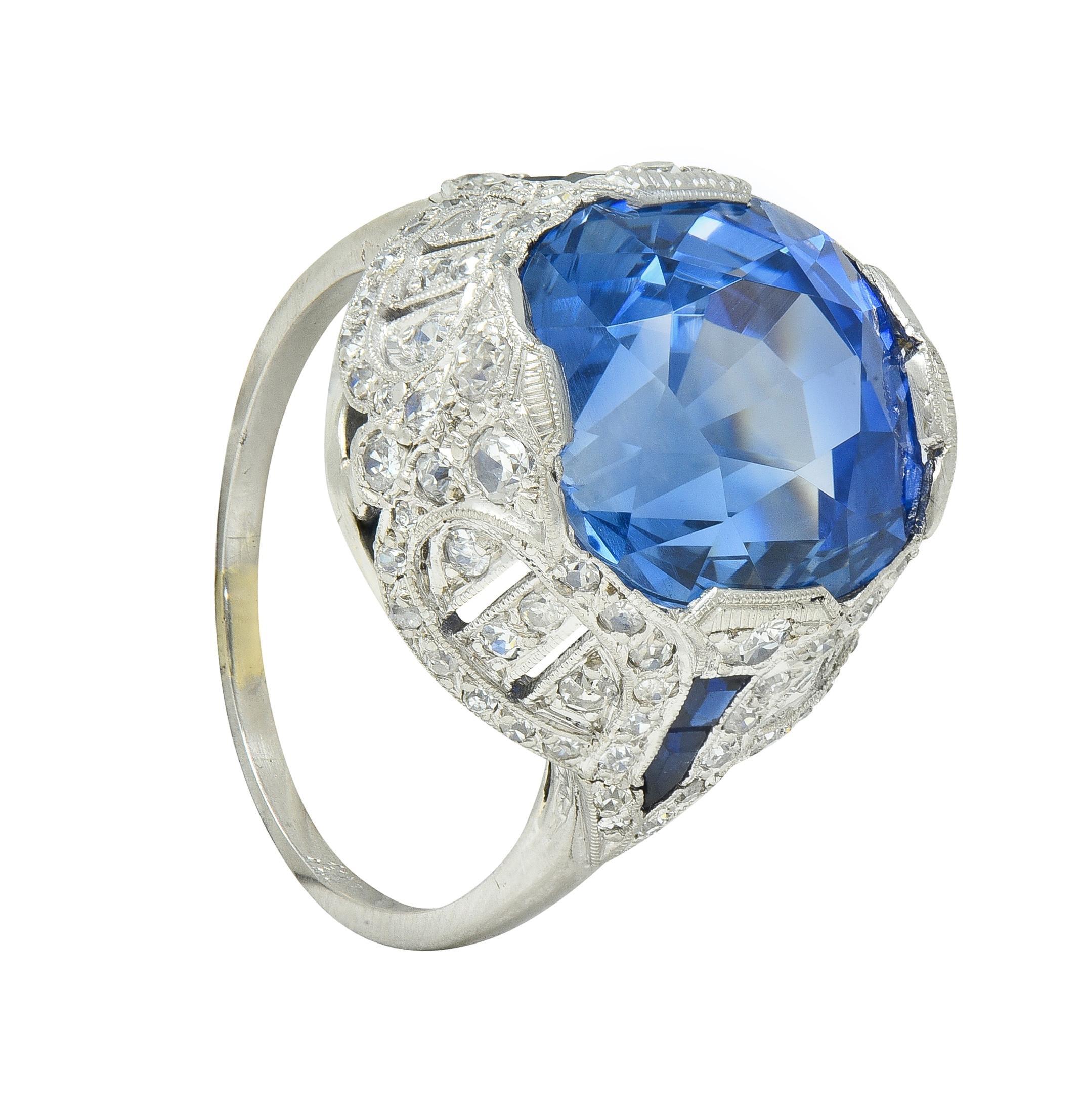 Art Deco 12.12 CTW No Heat Ceylon Saphir Diamant Lotus Vintage Cocktail Ring im Angebot 4
