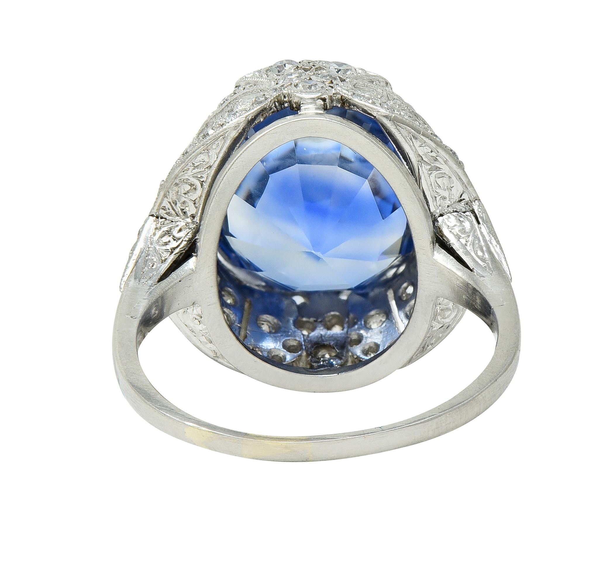 Art Deco 12.12 CTW No Heat Ceylon Saphir Diamant Lotus Vintage Cocktail Ring im Zustand „Hervorragend“ im Angebot in Philadelphia, PA
