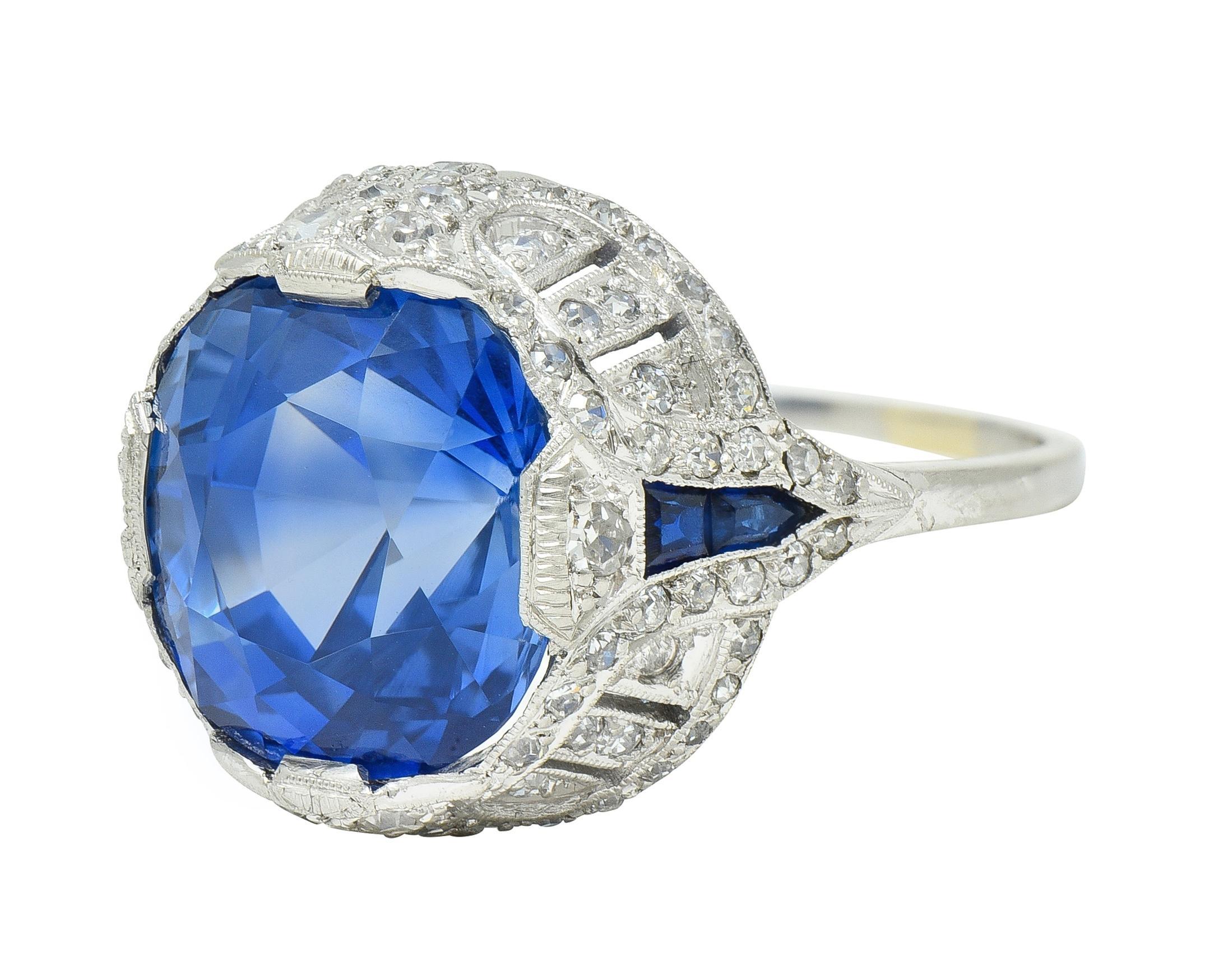 Art Deco 12.12 CTW No Heat Ceylon Saphir Diamant Lotus Vintage Cocktail Ring im Angebot 1
