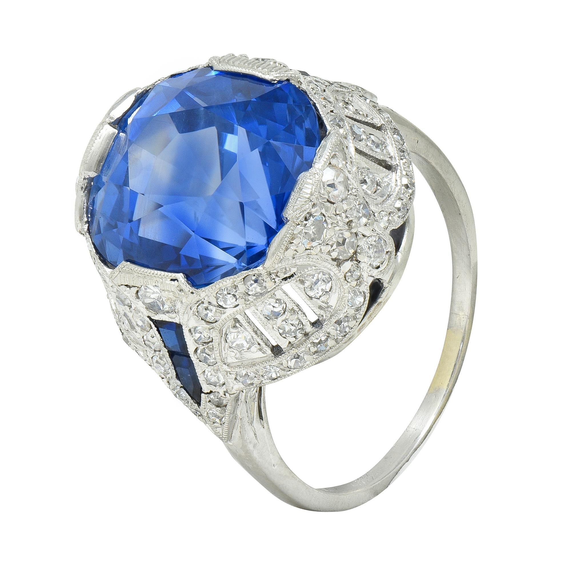 Art Deco 12.12 CTW No Heat Ceylon Saphir Diamant Lotus Vintage Cocktail Ring im Angebot 2