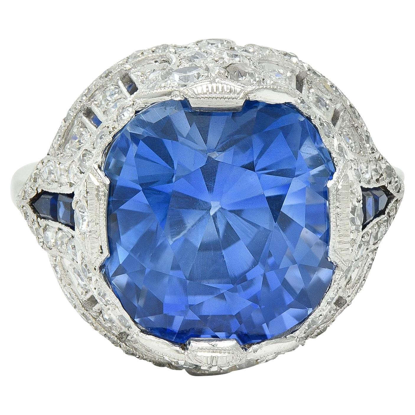 Art Deco 12.12 CTW No Heat Ceylon Saphir Diamant Lotus Vintage Cocktail Ring im Angebot