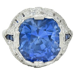 Art Deco 12.12 CTW No Heat Ceylon Sapphire Diamond Lotus Vintage Cocktail Ring