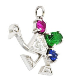 Art Deco 1.22 Carats Diamond Mughal Carved Sapphire Emerald Ruby Platinum Charm