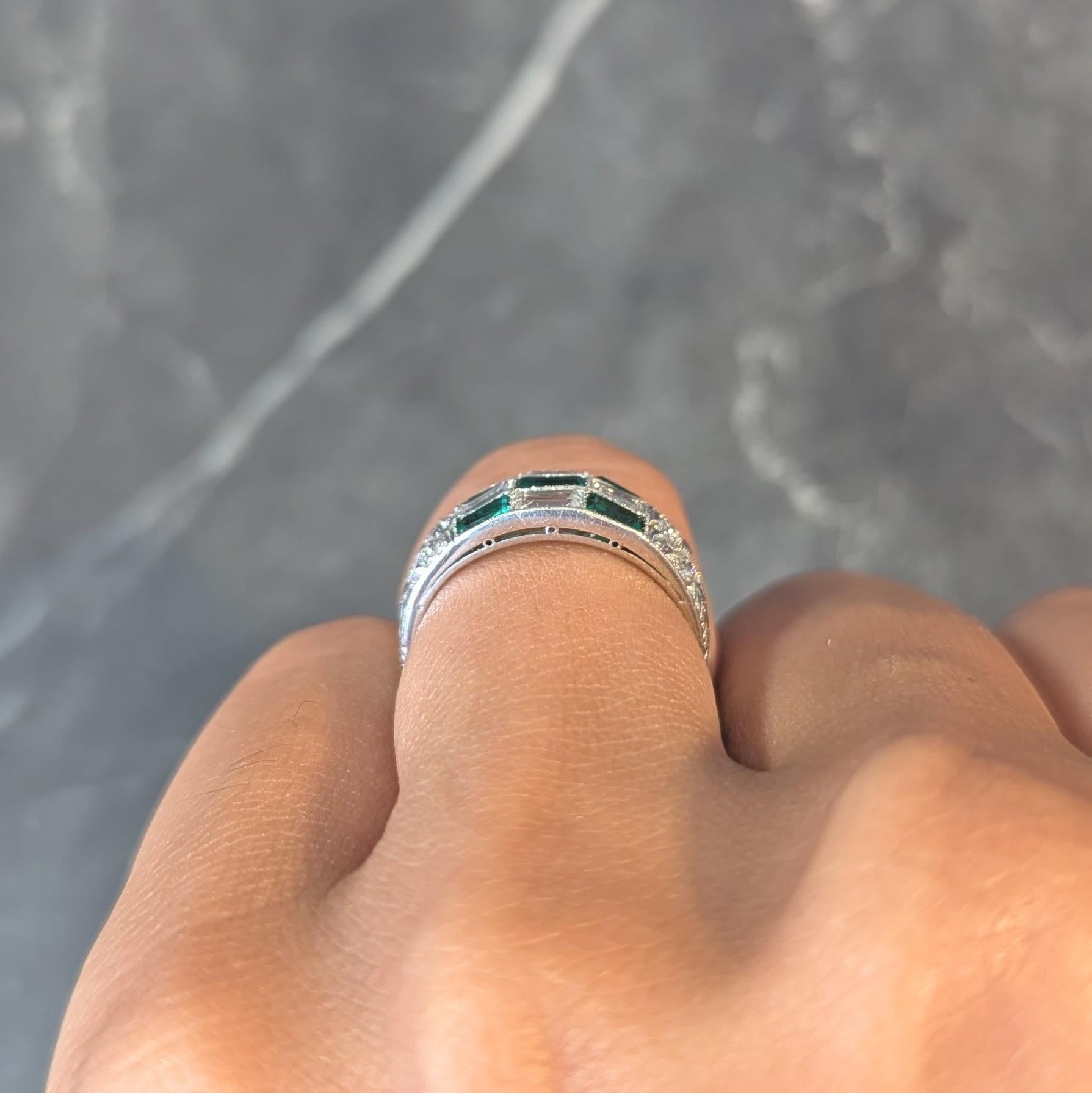 Art Deco 1.22 CTW Emerald Diamond Platinum Antique Checkerboard Band Ring 5