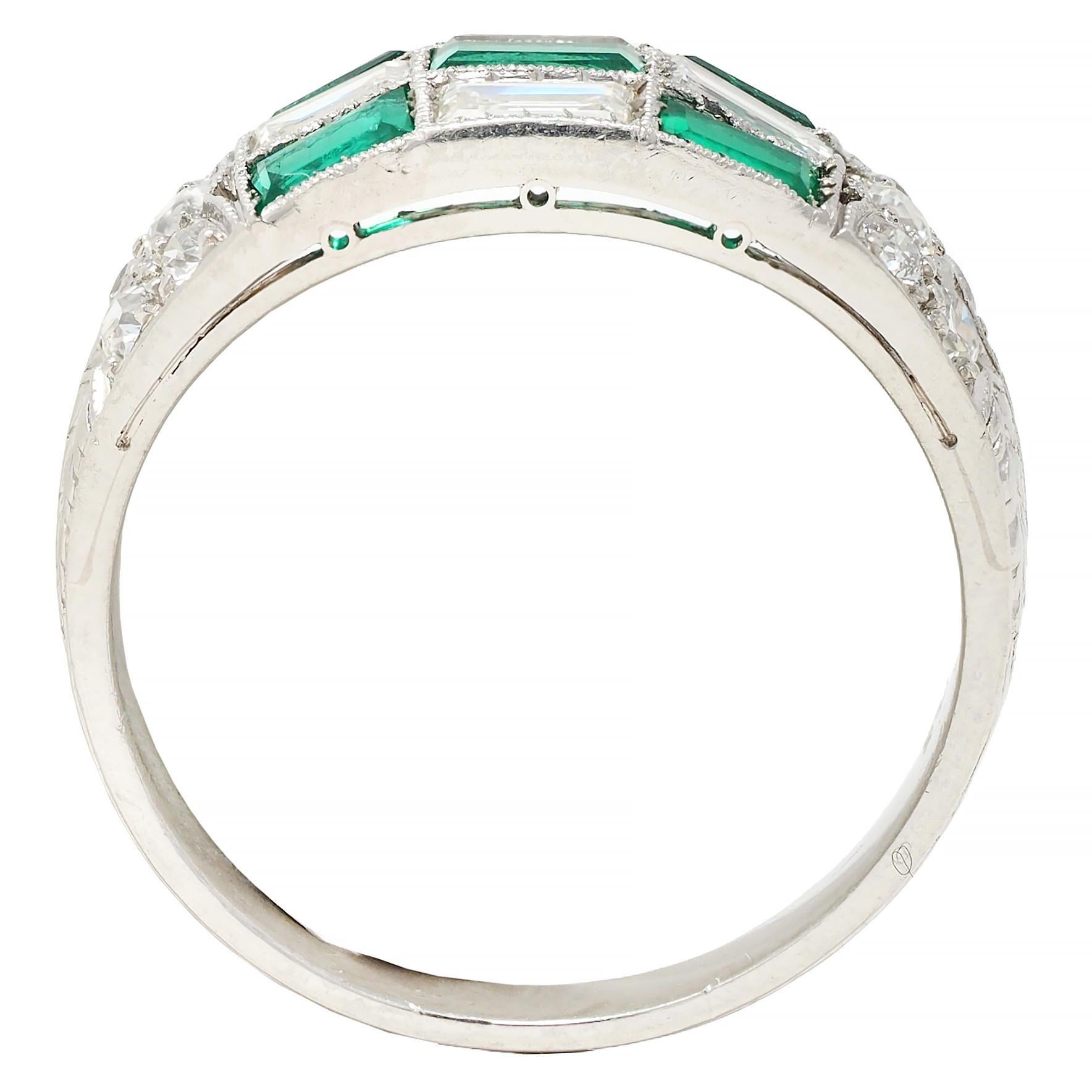 Art Deco 1.22 CTW Emerald Diamond Platinum Antique Checkerboard Band Ring 6