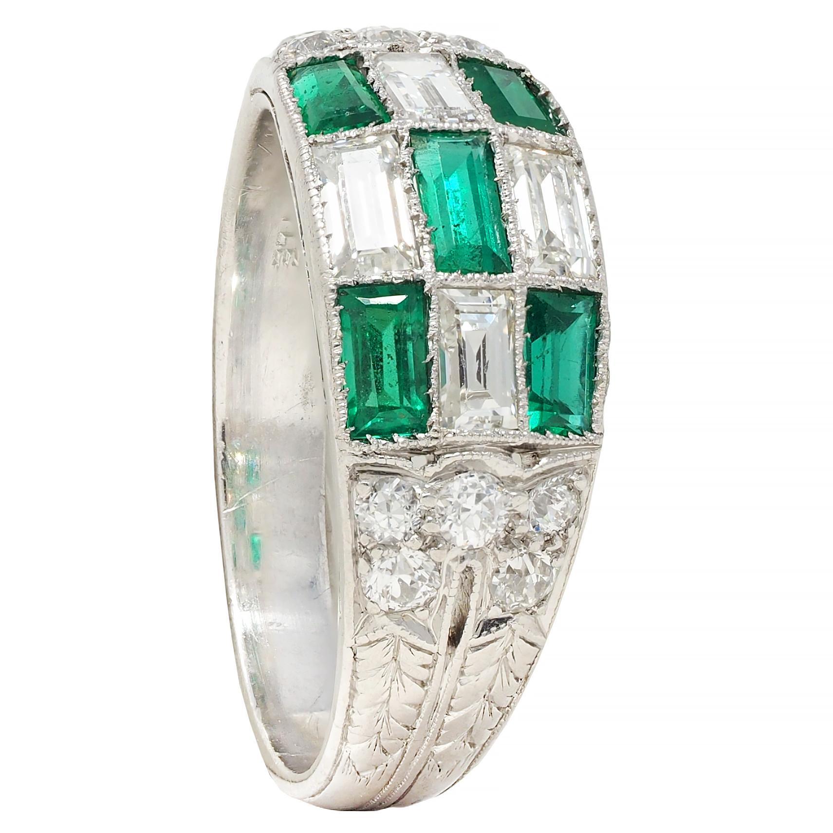 Art Deco 1.22 CTW Emerald Diamond Platinum Antique Checkerboard Band Ring 8