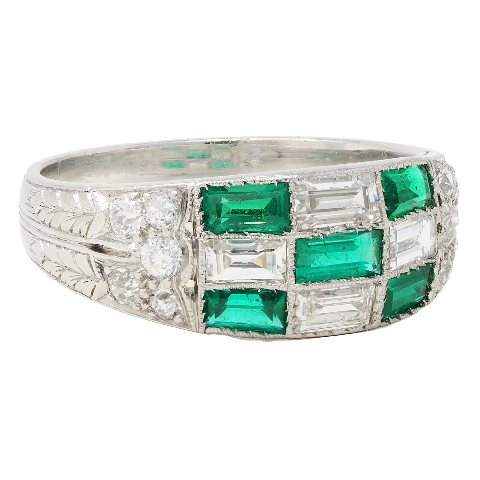 Baguette Cut Art Deco 1.22 CTW Emerald Diamond Platinum Antique Checkerboard Band Ring