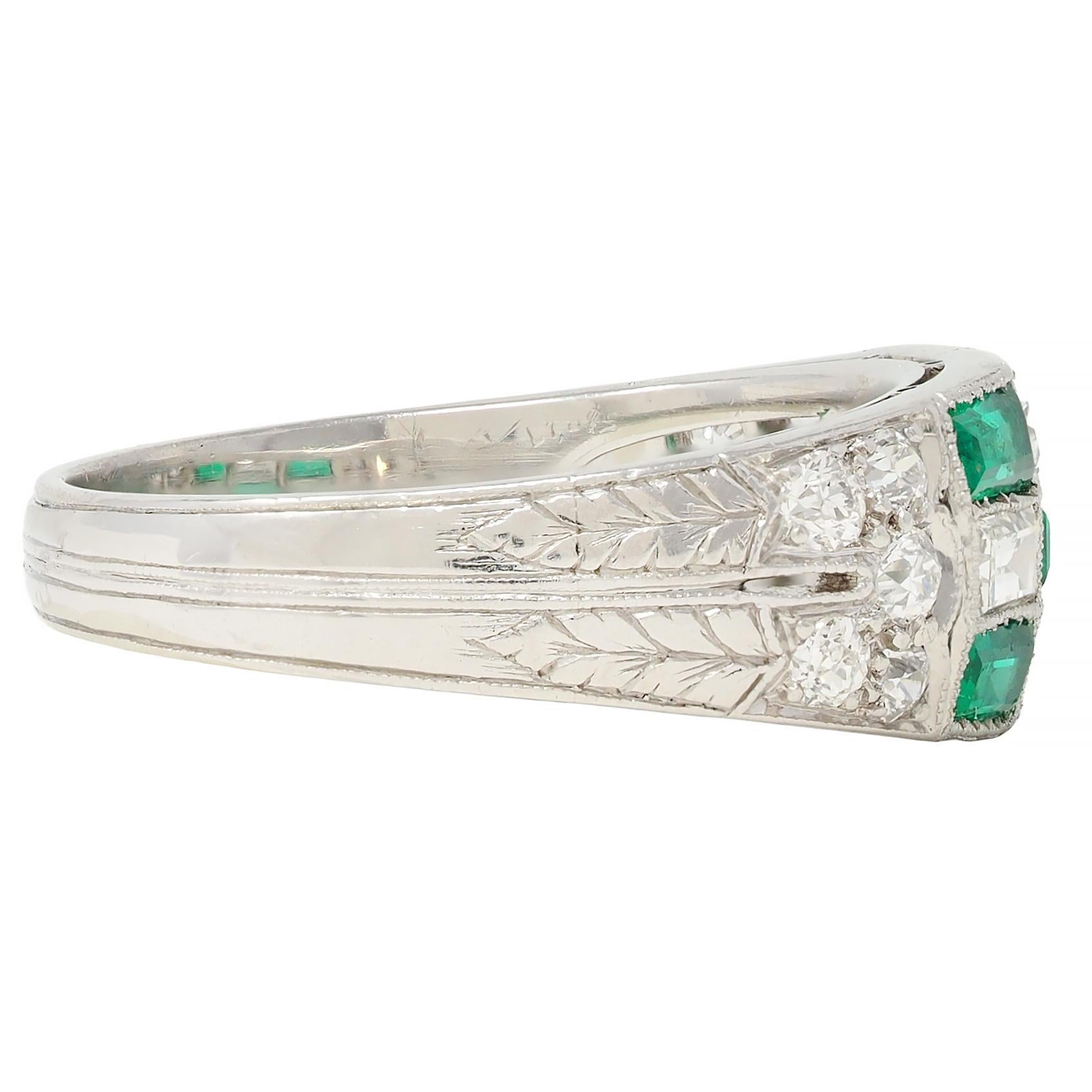 Art Deco 1.22 CTW Emerald Diamond Platinum Antique Checkerboard Band Ring In Excellent Condition In Philadelphia, PA