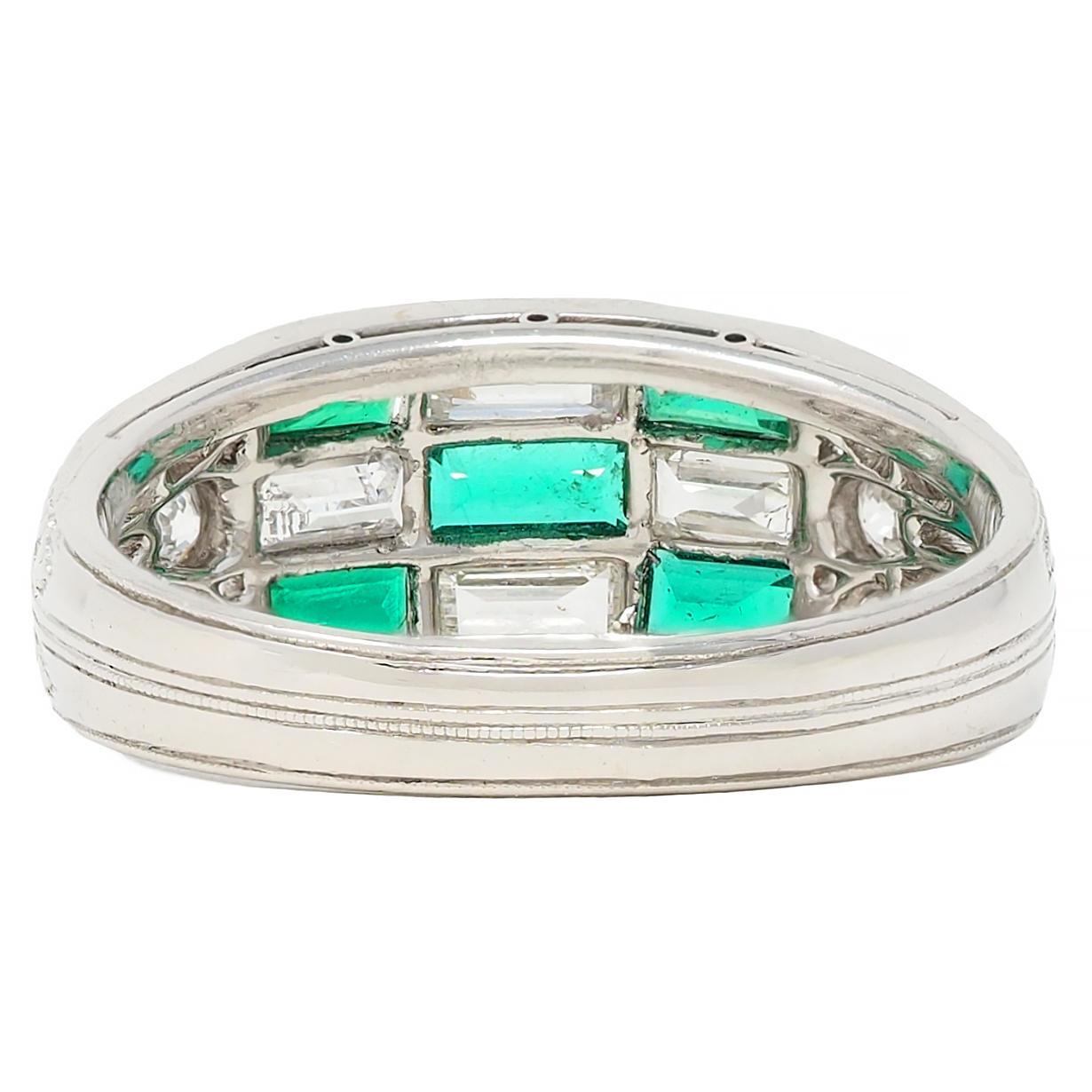 Women's Art Deco 1.22 CTW Emerald Diamond Platinum Antique Checkerboard Band Ring