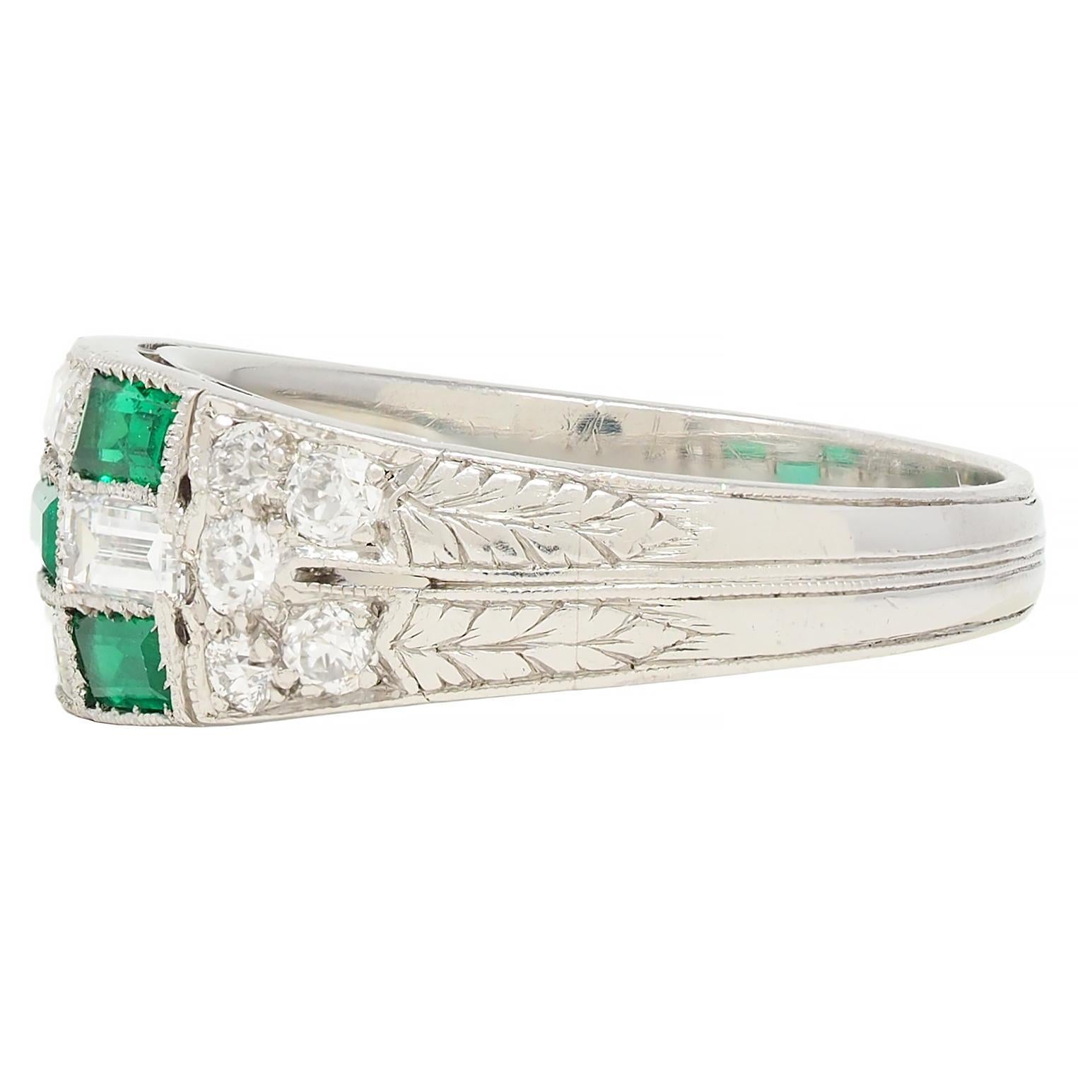 Art Deco 1.22 CTW Emerald Diamond Platinum Antique Checkerboard Band Ring 1
