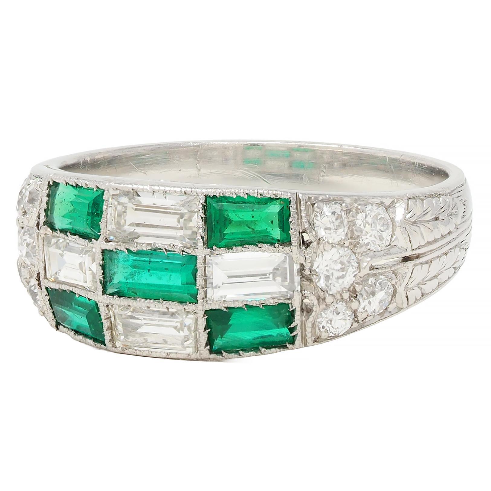 Art Deco 1.22 CTW Emerald Diamond Platinum Antique Checkerboard Band Ring 2