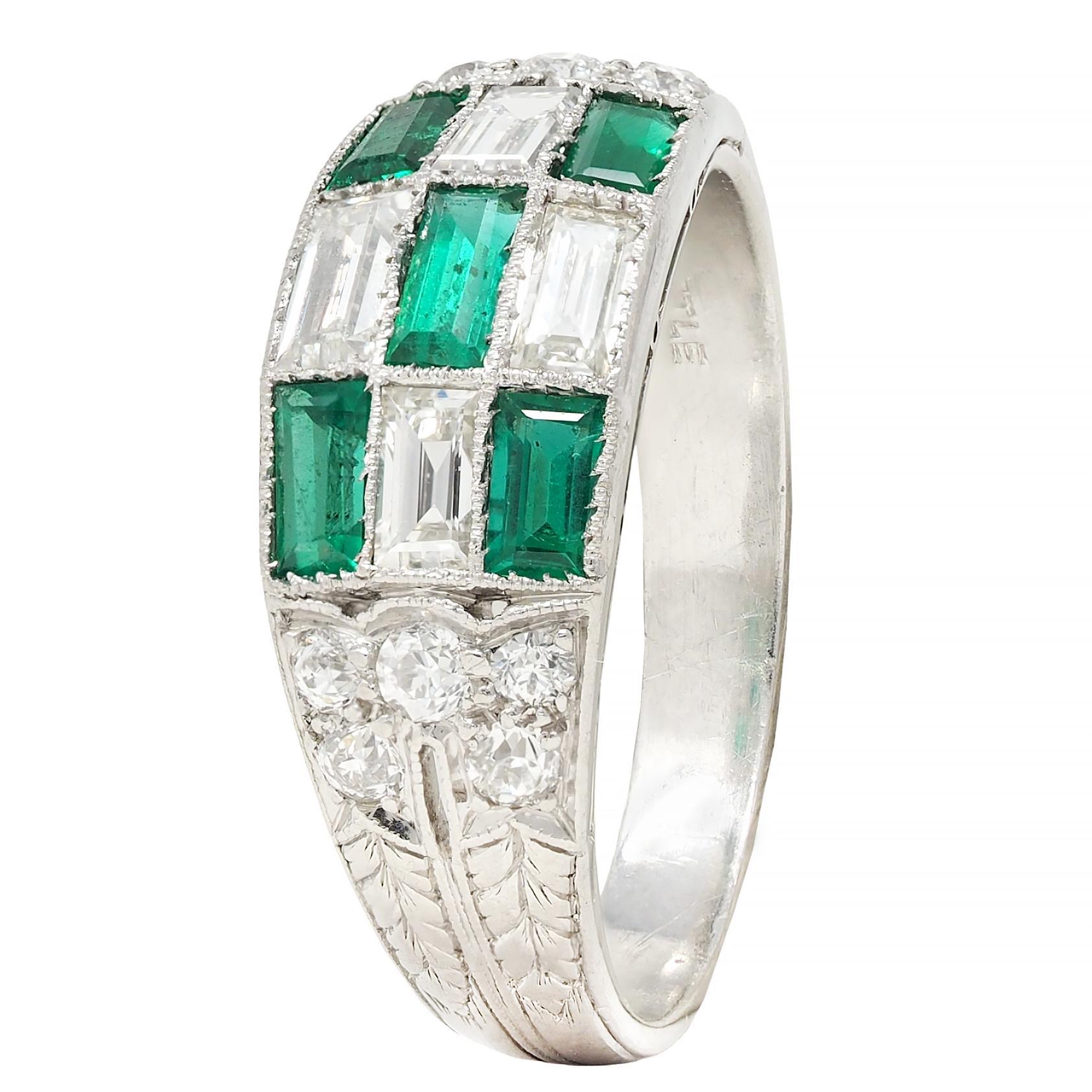 Art Deco 1.22 CTW Emerald Diamond Platinum Antique Checkerboard Band Ring 3