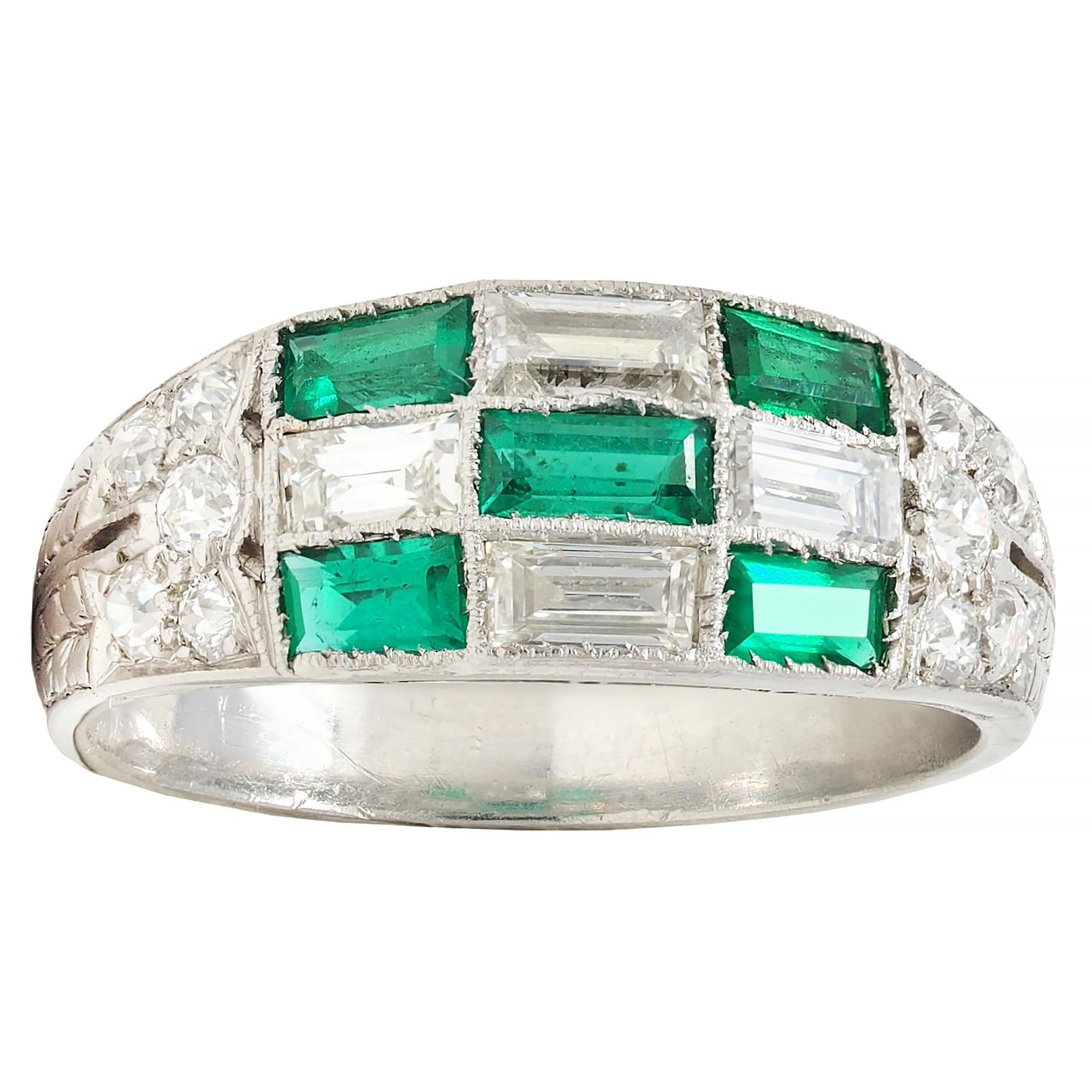Art Deco 1.22 CTW Emerald Diamond Platinum Antique Checkerboard Band Ring 4
