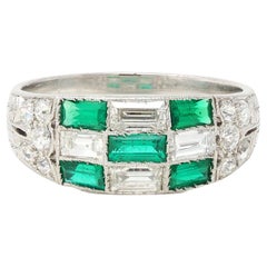 Art Deco 1.22 CTW Emerald Diamond Platinum Antique Checkerboard Band Ring