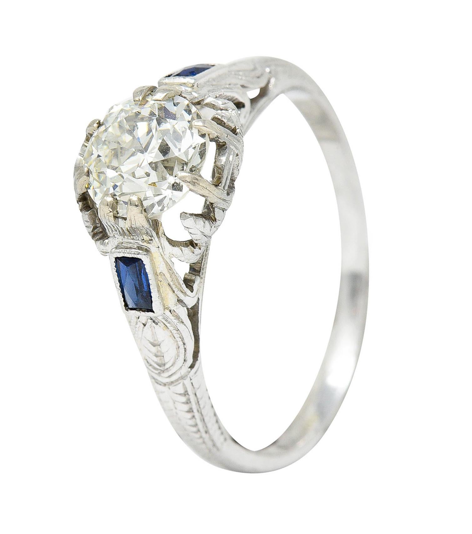 Art Deco 1.23 Carats Diamond Sapphire 14 Karat Gold Foliate Engagement Ring 5
