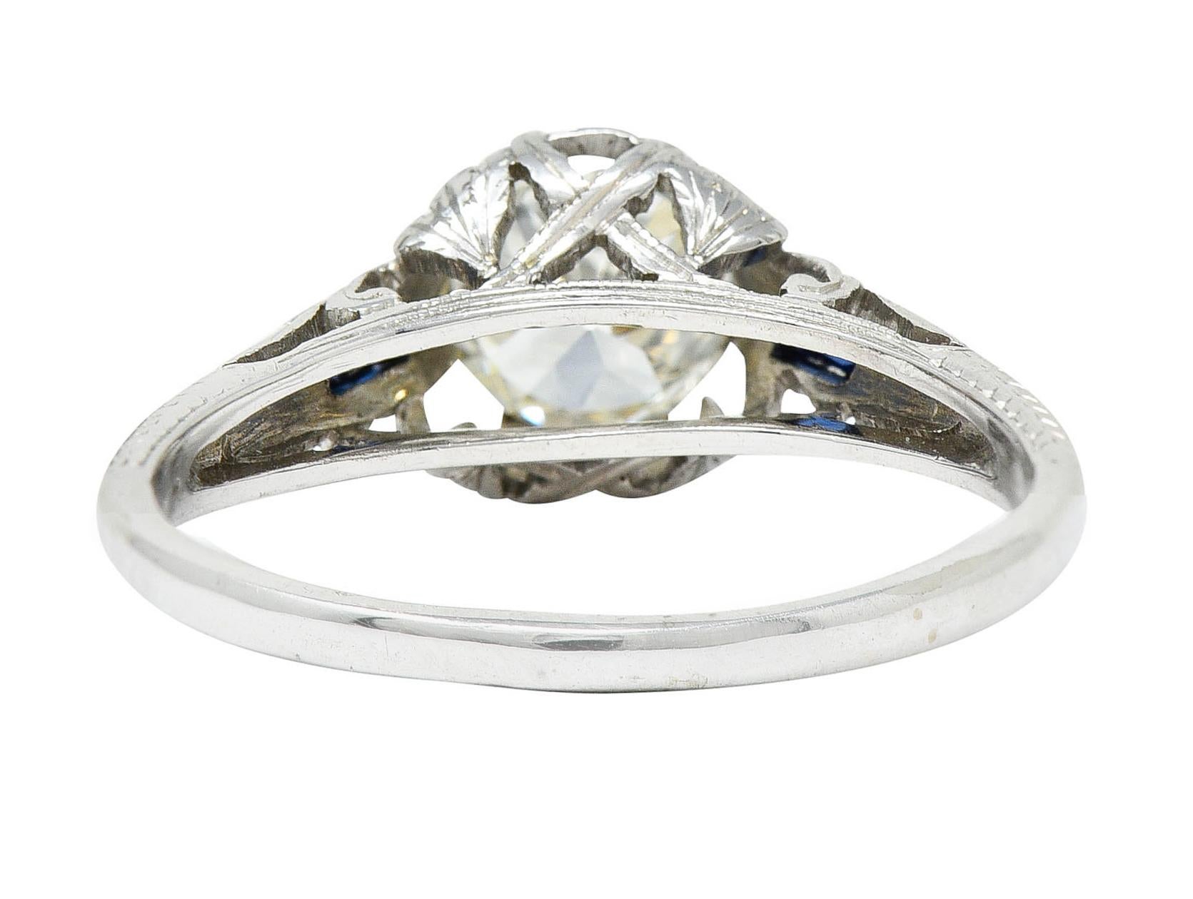 Art Deco 1.23 Carats Diamond Sapphire 14 Karat Gold Foliate Engagement Ring In Excellent Condition In Philadelphia, PA