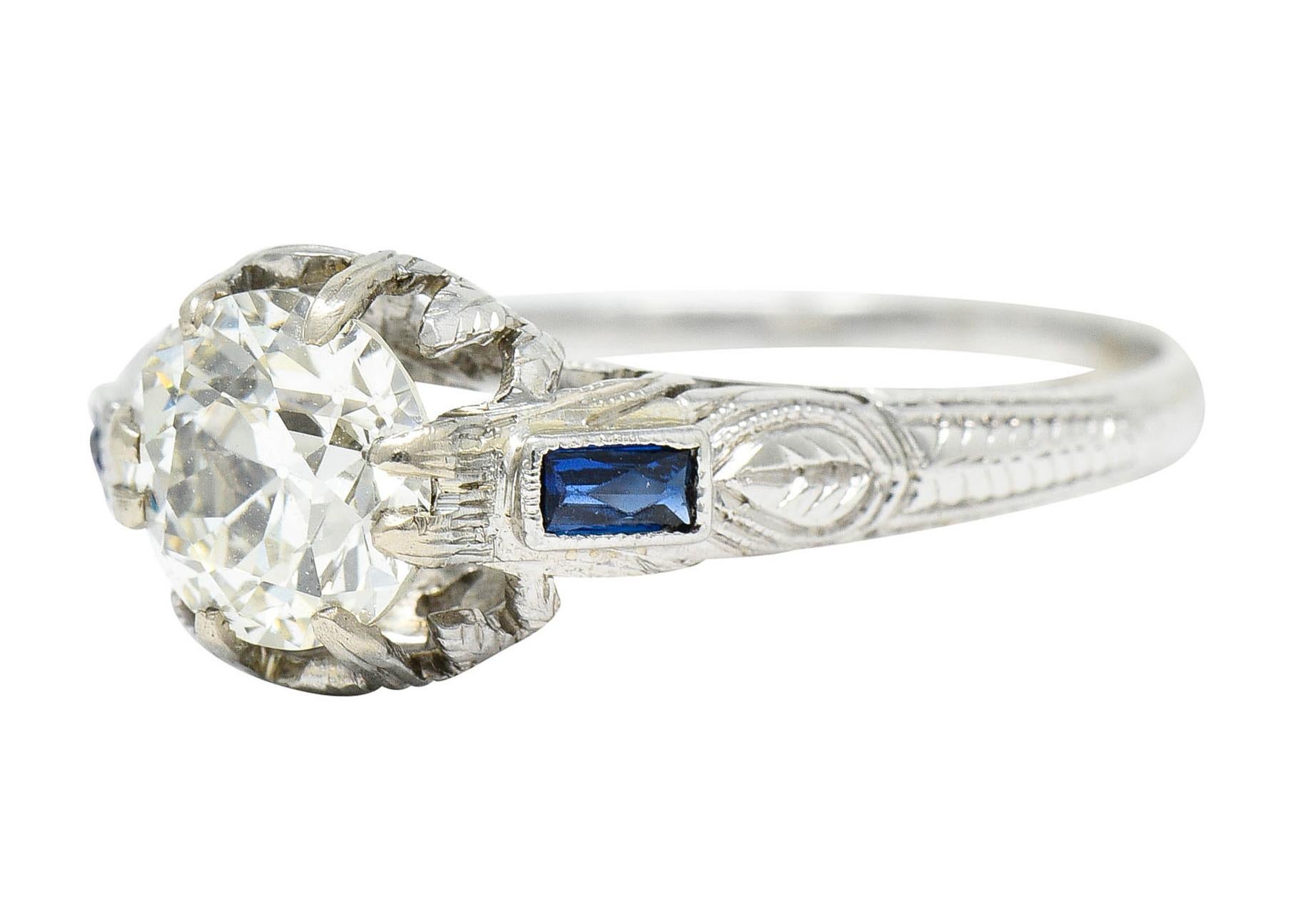 Art Deco 1.23 Carats Diamond Sapphire 14 Karat Gold Foliate Engagement Ring 1