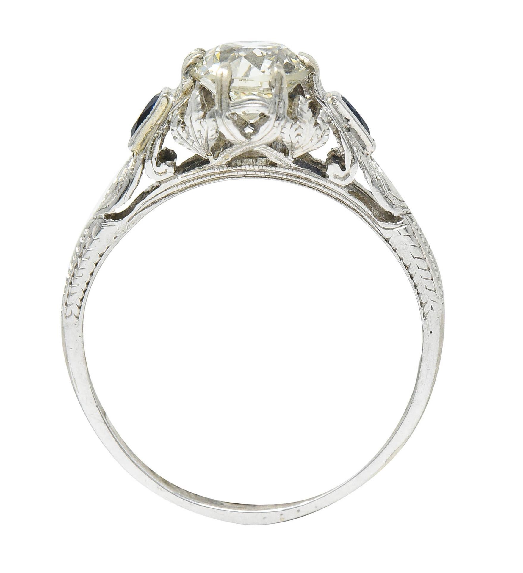 Art Deco 1.23 Carats Diamond Sapphire 14 Karat Gold Foliate Engagement Ring 2