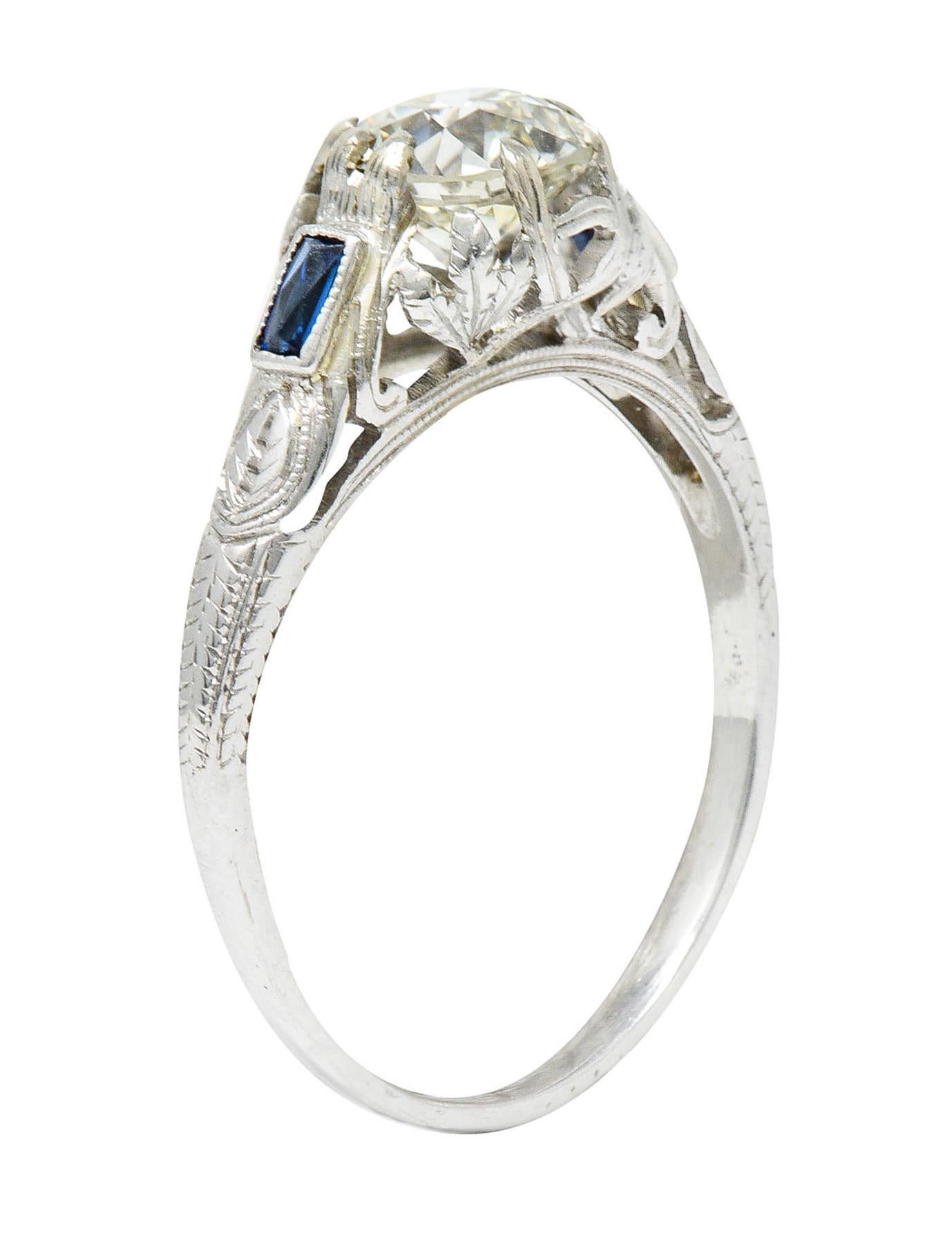 Art Deco 1.23 Carats Diamond Sapphire 14 Karat Gold Foliate Engagement Ring 3