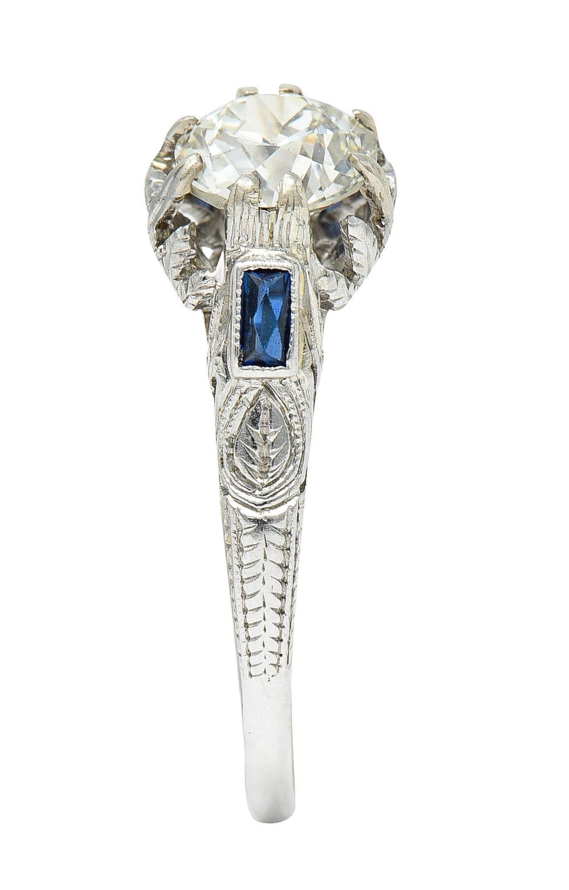 Art Deco 1.23 Carats Diamond Sapphire 14 Karat Gold Foliate Engagement Ring 4