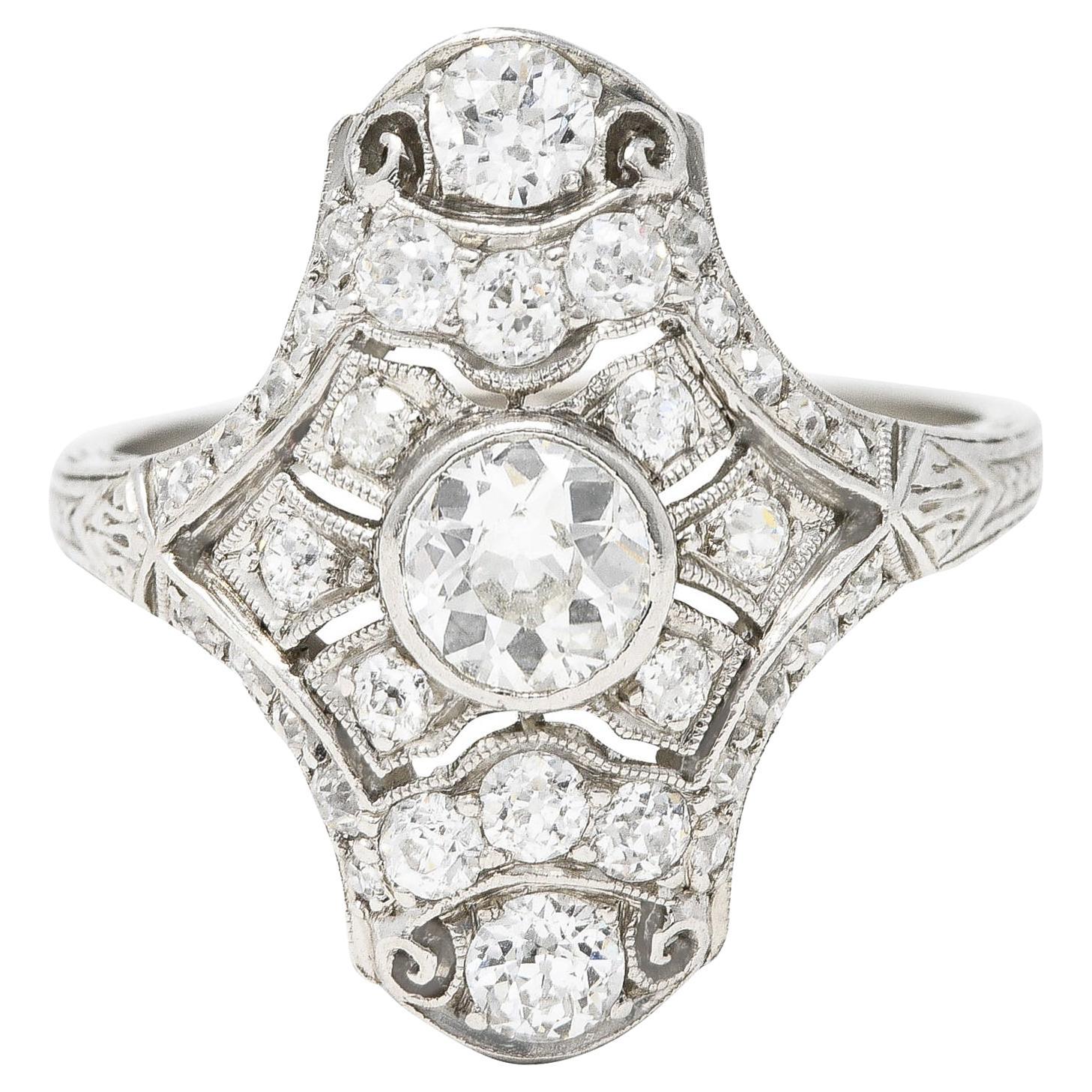 Art Deco 1.23 Carats Old European Cut Diamond Platinum Dinner Ring
