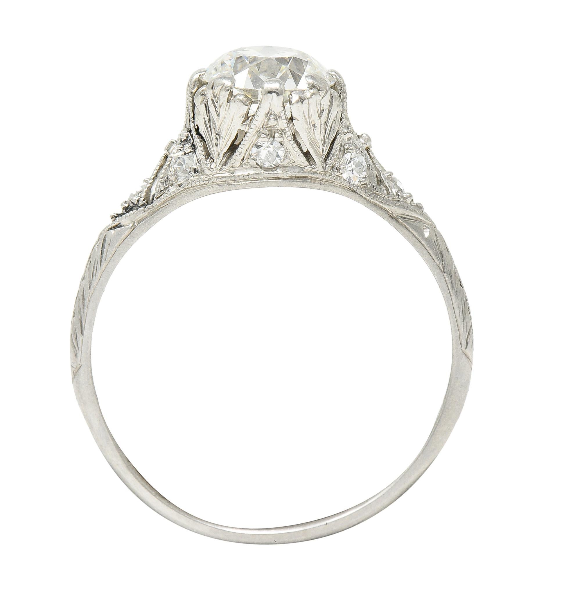 Art Deco 1.23 Carats Old European Diamond Platinum Leaf Antique Engagement Ring 4