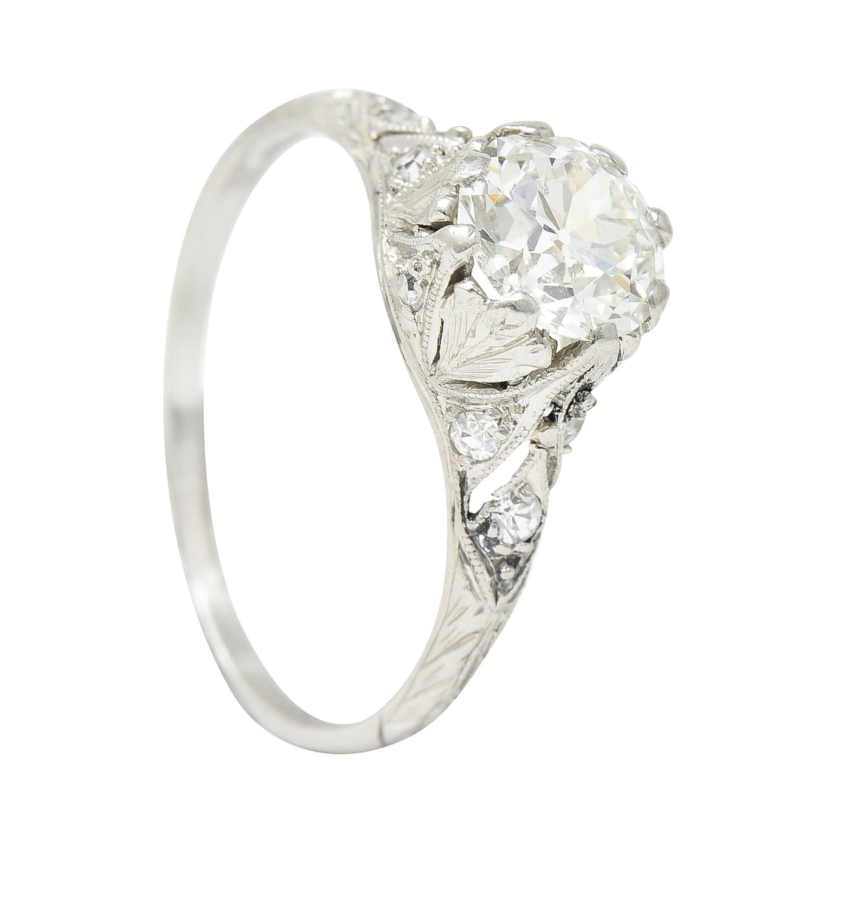 Art Deco 1.23 Carats Old European Diamond Platinum Leaf Antique Engagement Ring 5