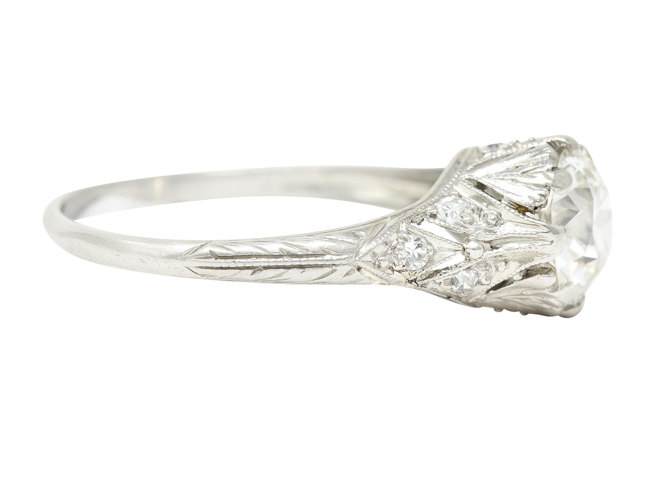 Old European Cut Art Deco 1.23 Carats Old European Diamond Platinum Leaf Antique Engagement Ring