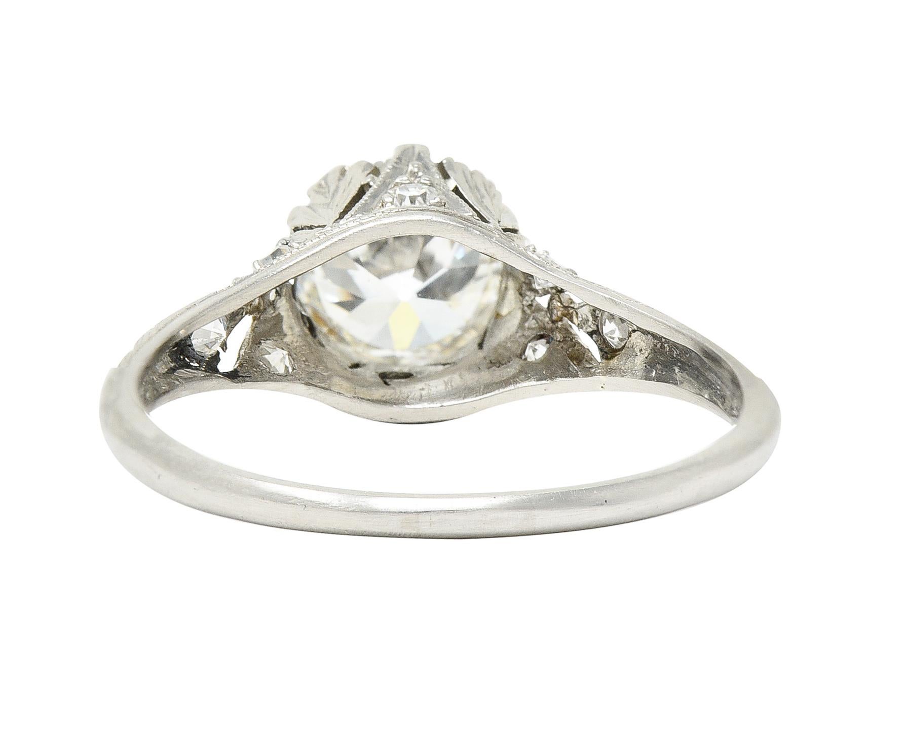 Art Deco 1.23 Carats Old European Diamond Platinum Leaf Antique Engagement Ring In Excellent Condition In Philadelphia, PA