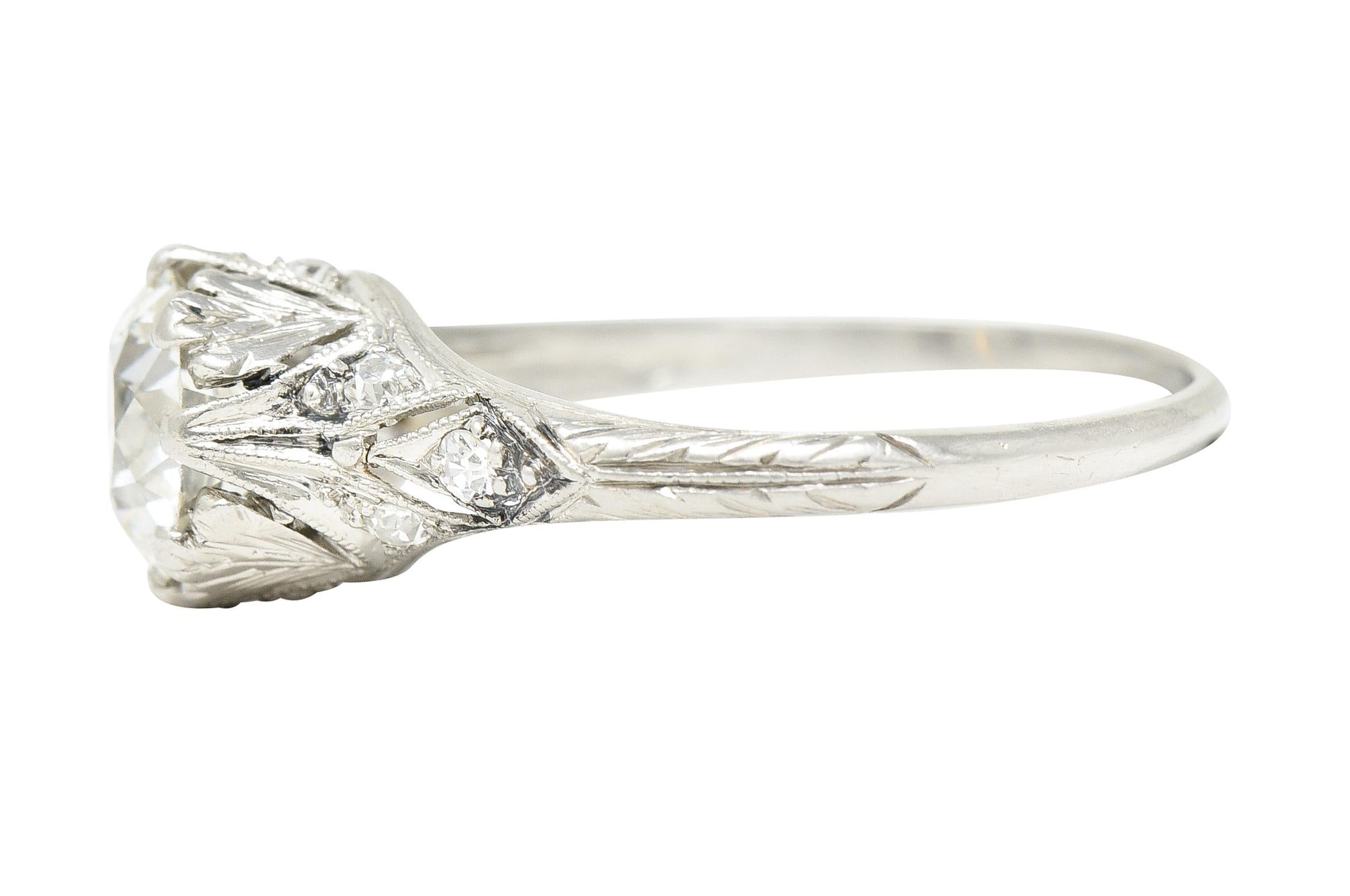 Women's or Men's Art Deco 1.23 Carats Old European Diamond Platinum Leaf Antique Engagement Ring