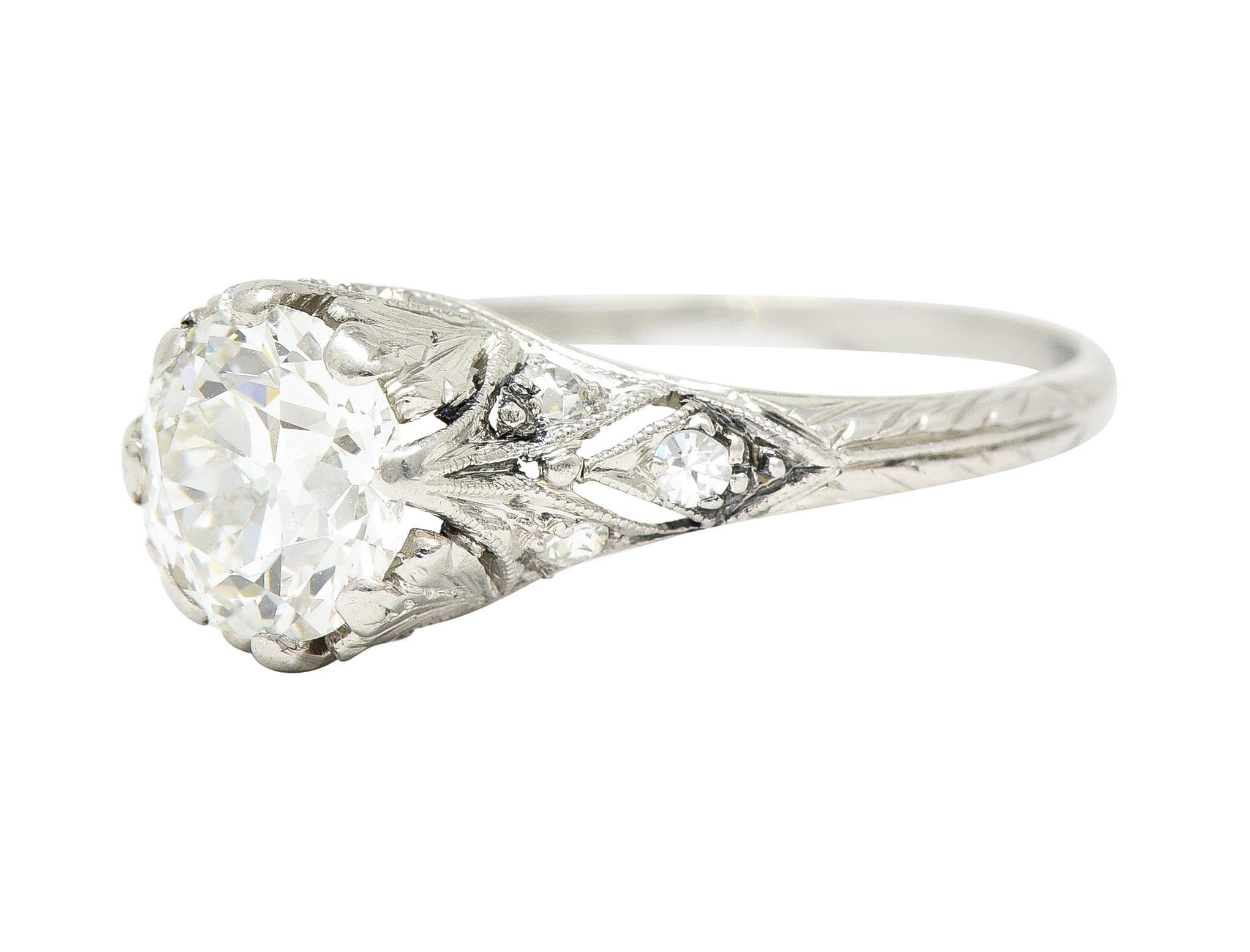 Art Deco 1.23 Carats Old European Diamond Platinum Leaf Antique Engagement Ring 1