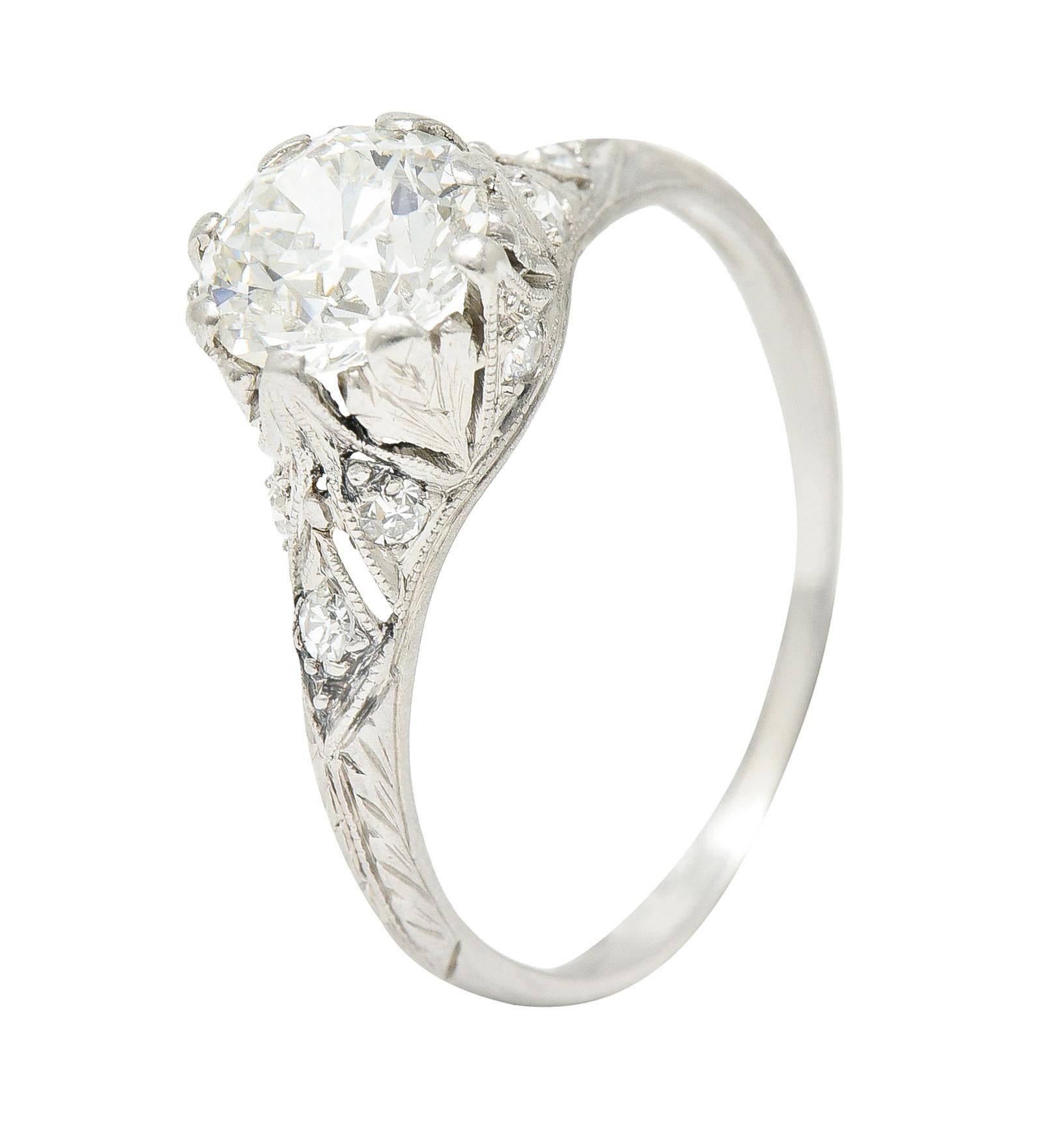 Art Deco 1.23 Carats Old European Diamond Platinum Leaf Antique Engagement Ring 2