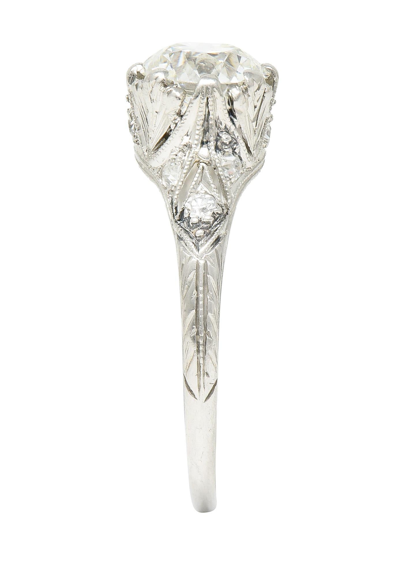 Art Deco 1.23 Carats Old European Diamond Platinum Leaf Antique Engagement Ring 3