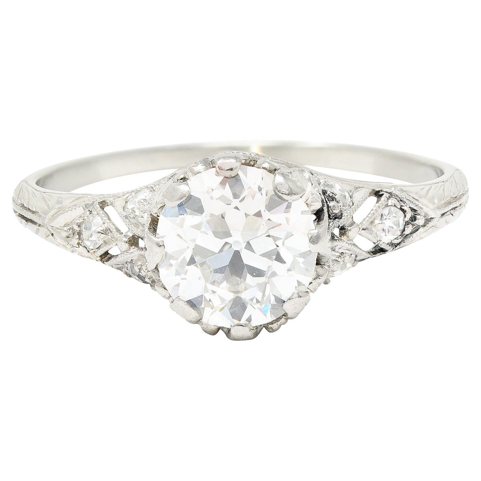 Art Deco 1.23 Carats Old European Diamond Platinum Leaf Antique Engagement Ring