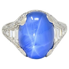 Vintage Art Deco 12.38 CTW Star Sapphire Cabochon Diamond Platinum Dinner Ring