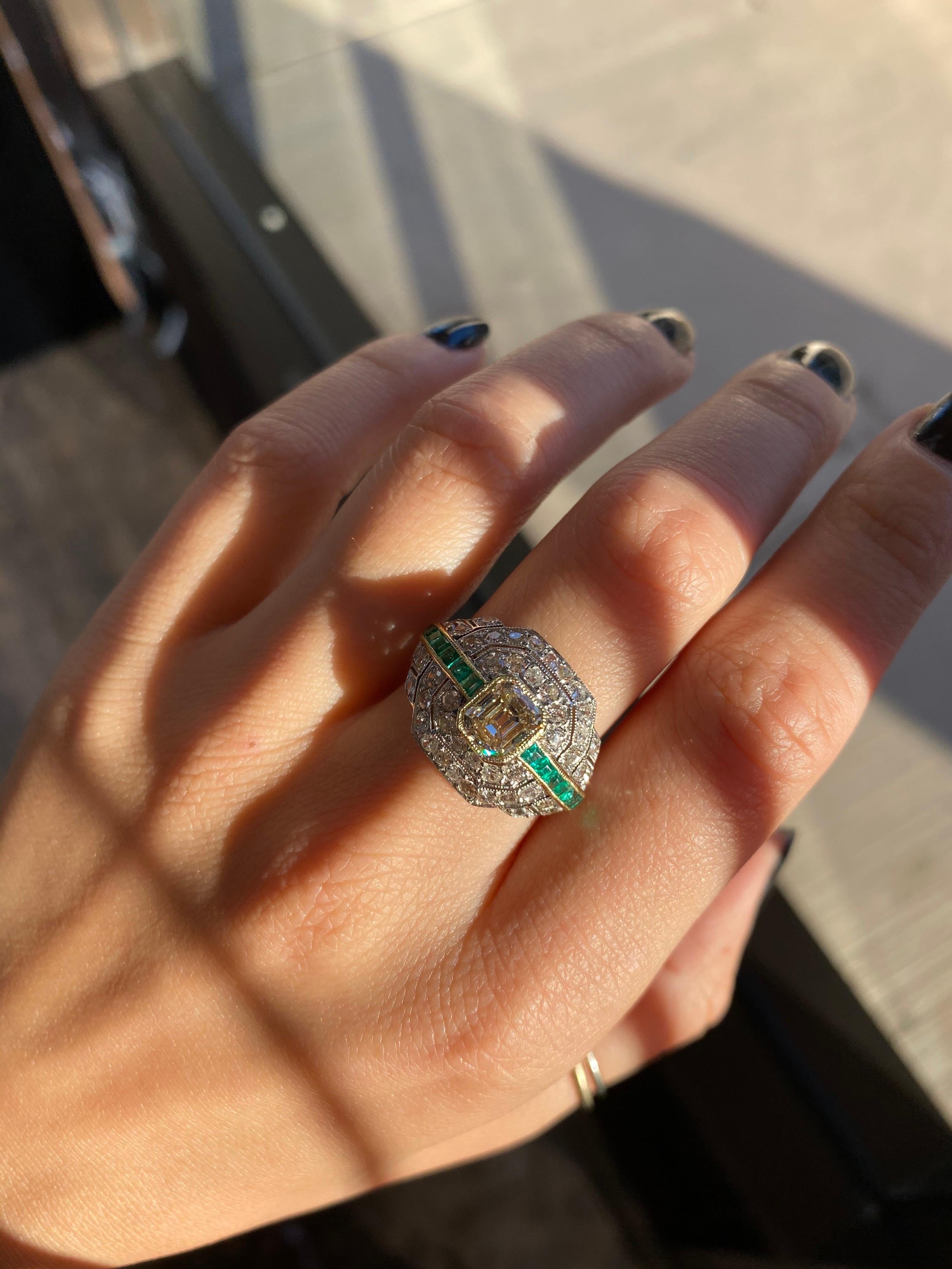 Art Deco 1.24 Carat Emerald Cut Diamond and Emerald Platinum Ring 7