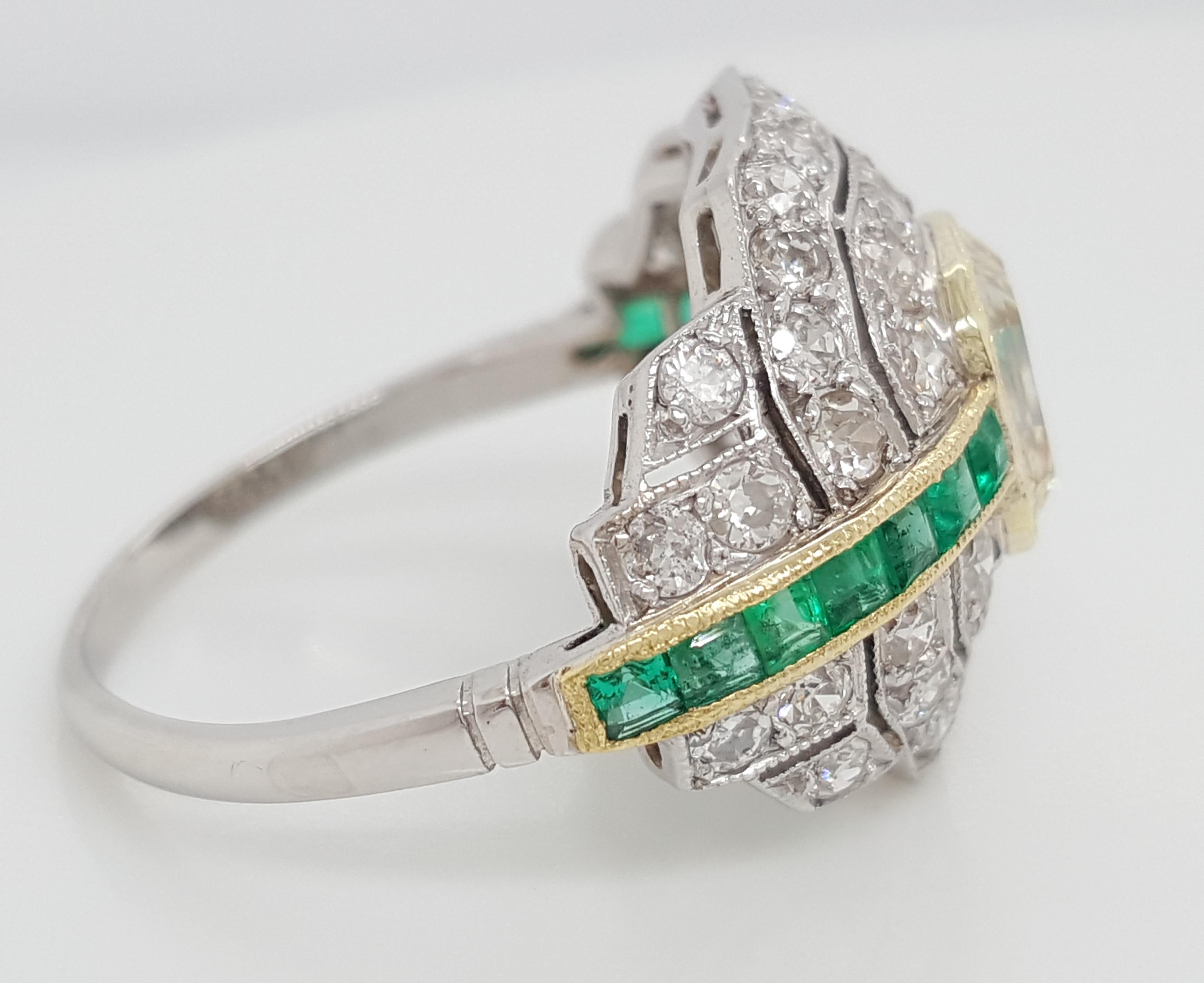 Art Deco 1.24 Carat Emerald Cut Diamond and Emerald Platinum Ring 4