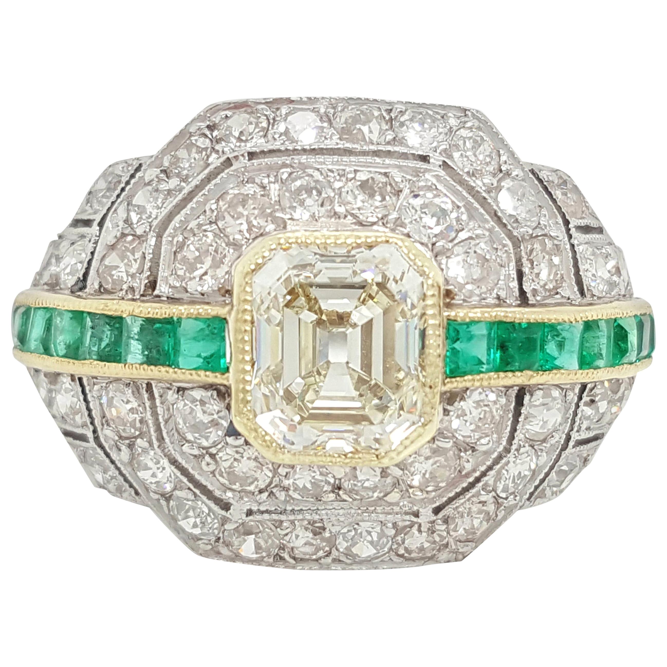 Art Deco 1.24 Carat Emerald Cut Diamond and Emerald Platinum Ring